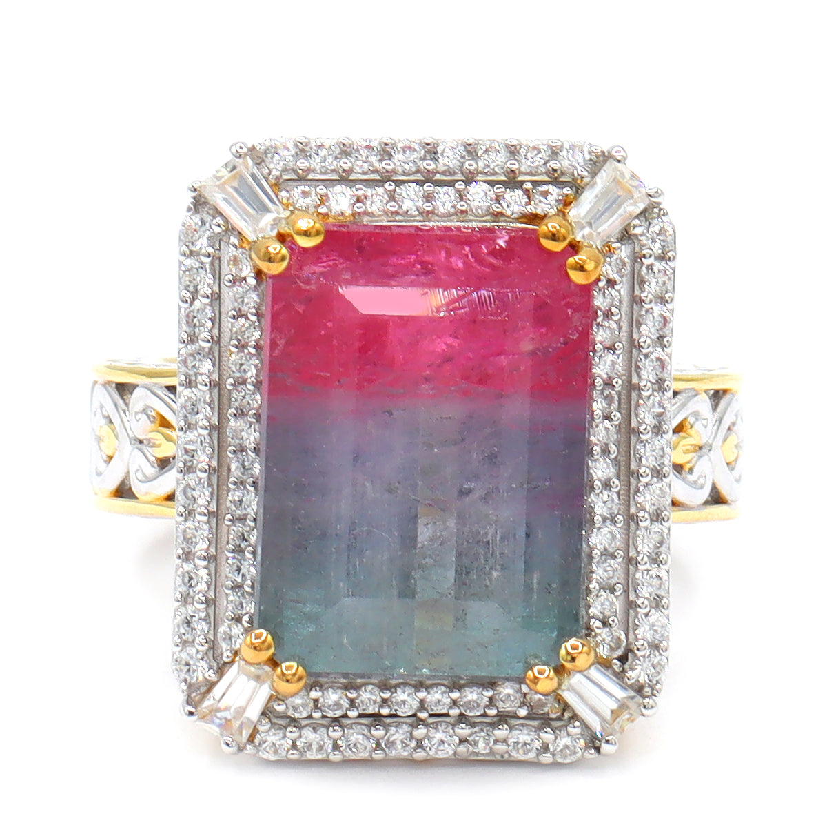 Couture Gems One-of-a-Kind 24K Palladium Silver 11.69ctw Bi-Color Tourmaline & White Zircon Double Halo Ring