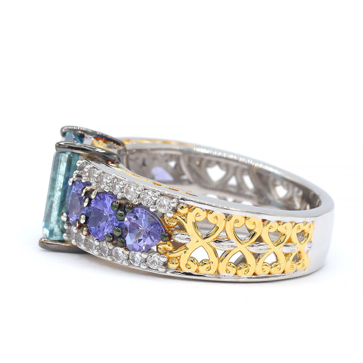 Couture Gems One-of-a-Kind 24K Palladium Silver 4.45ctw Tanzanian Aquamarine & Tanzanite Ring