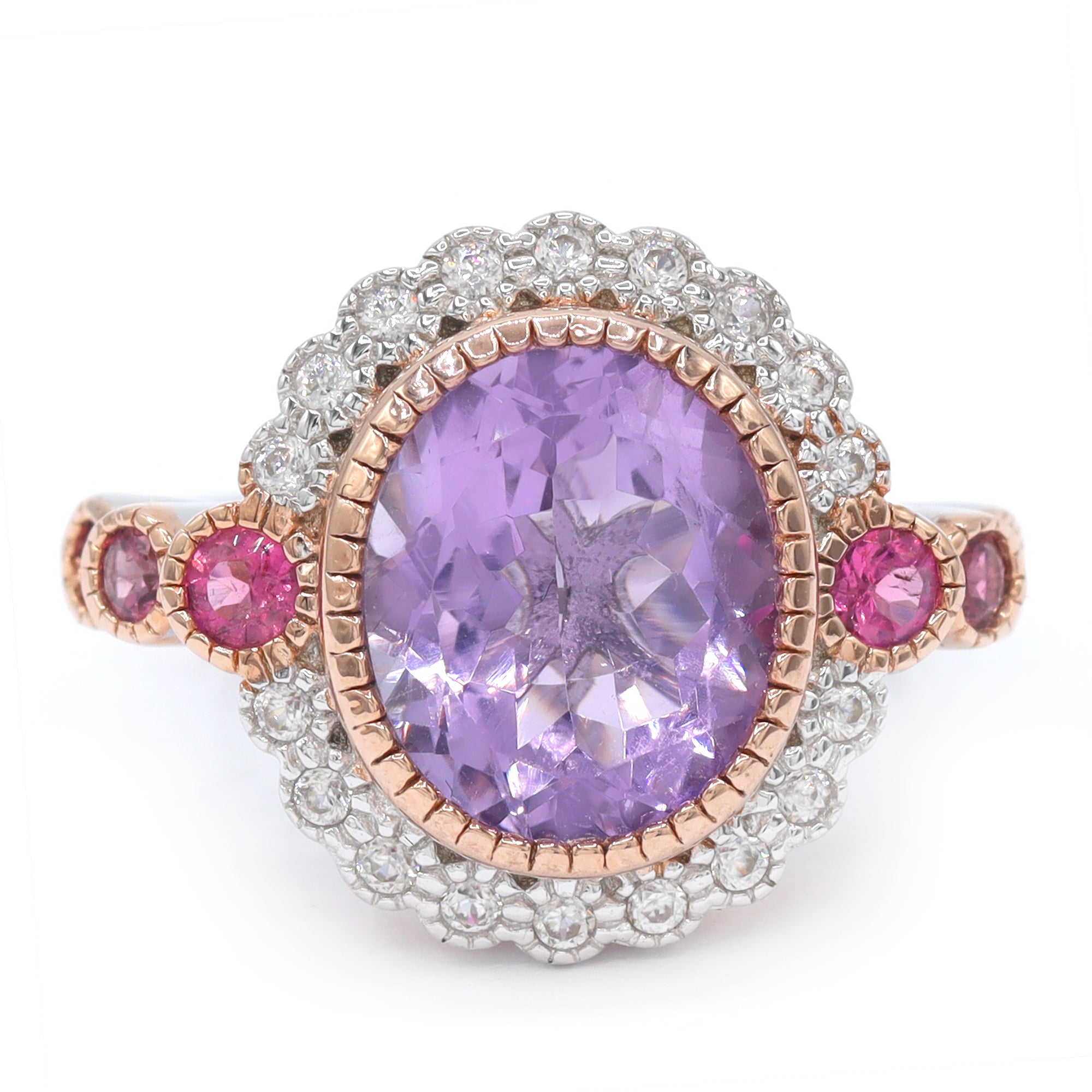 Gems en Vogue 18K Palladium Silver 5.68ctw Pink Amethyst, Pink Tourmaline & White Zircon Halo Ring