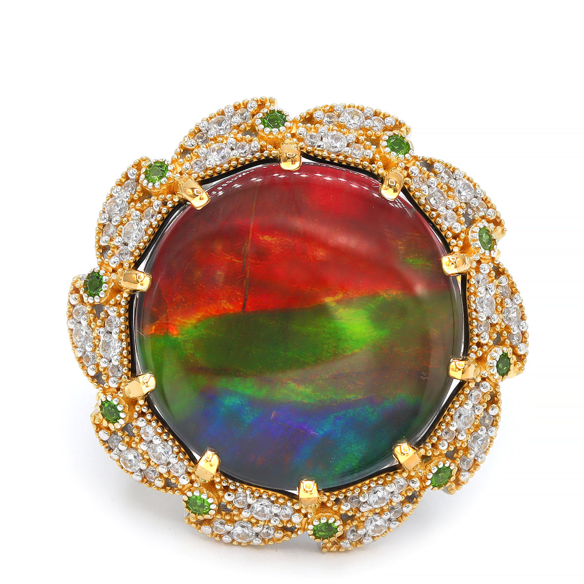 Couture Gems One-of-a-Kind 24K Palladium Silver Ammolite, Chrome Diopside & White Zircon Ring