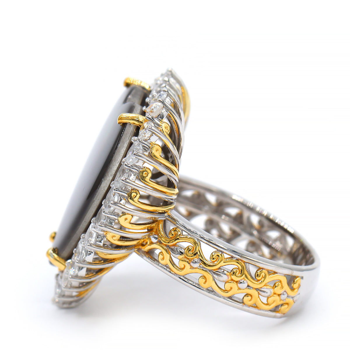Couture Gems One-of-a-Kind 24K Palladium Silver Heart Shape Ammolite & White Zircon Halo Ring