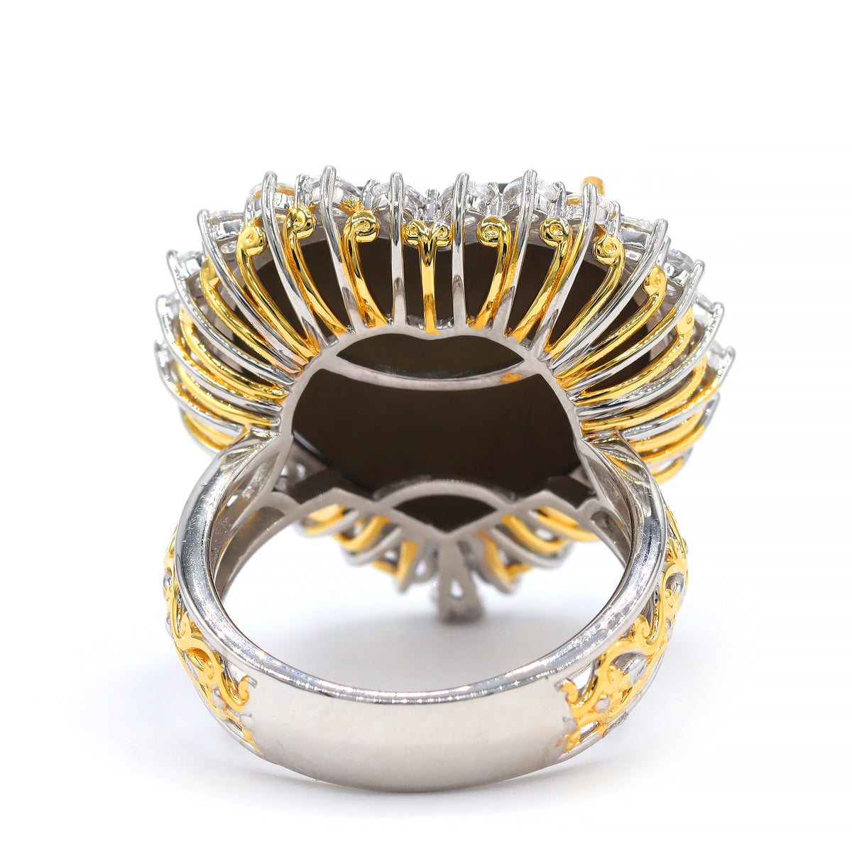 Bague Cœur Ammolite & Émeraude en Argent Palladium 24 carats Pièce Unique Couture Gems