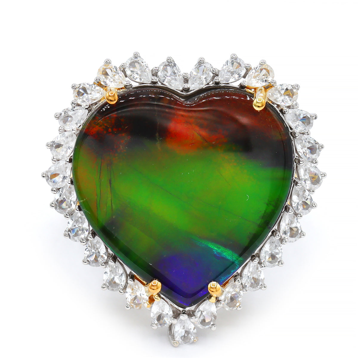 Couture Gems One-of-a-Kind 24K Palladium Silver Heart Shape Ammolite & White Zircon Halo Ring