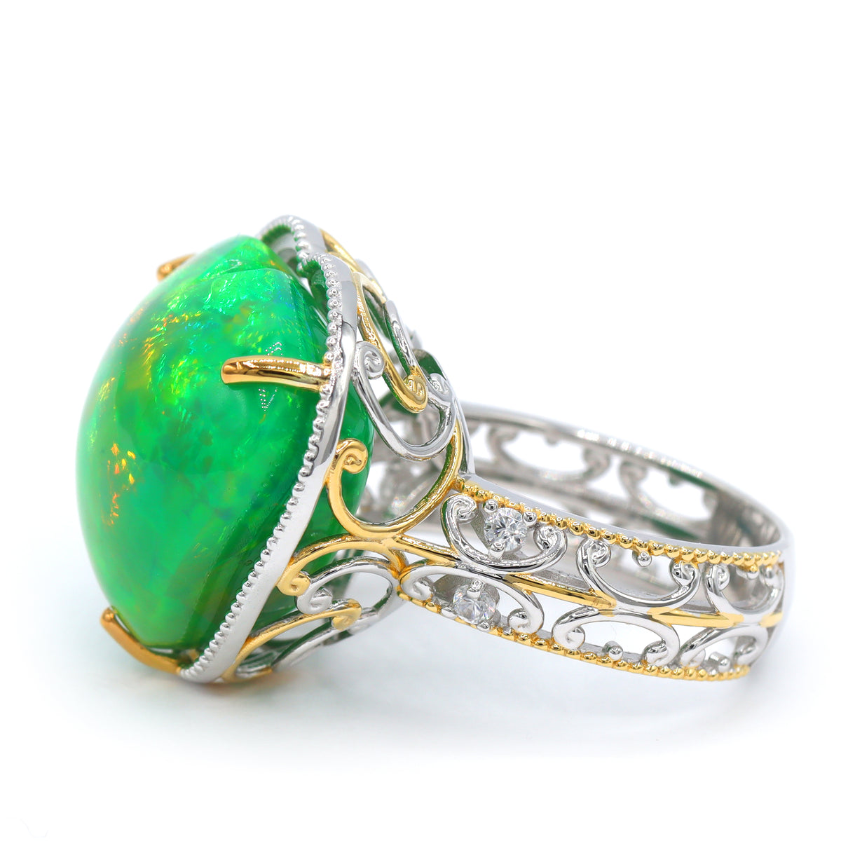 Couture Gems One-of-a-Kind 24K Palladium Silver 21.25ctw Emerald Green Ethiopian Opal & White Zircon Heart Ring