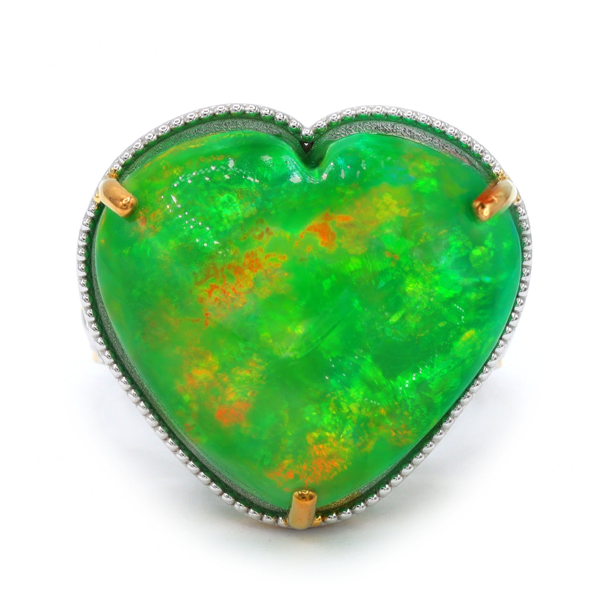 Couture Gems One-of-a-Kind 24K Palladium Silver 21.25ctw Emerald Green Ethiopian Opal & White Zircon Heart Ring