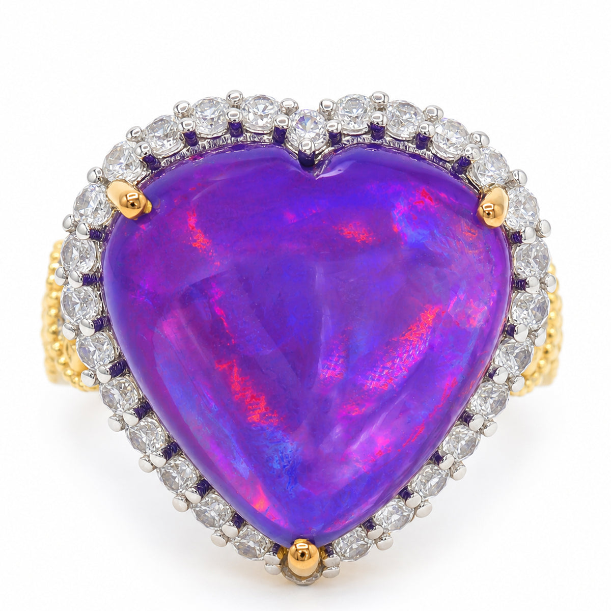 Couture Gems One-of-a-Kind 24K Palladium Silver 15.00ctw Heart Mystic Purple Opal & White Zircon Ring