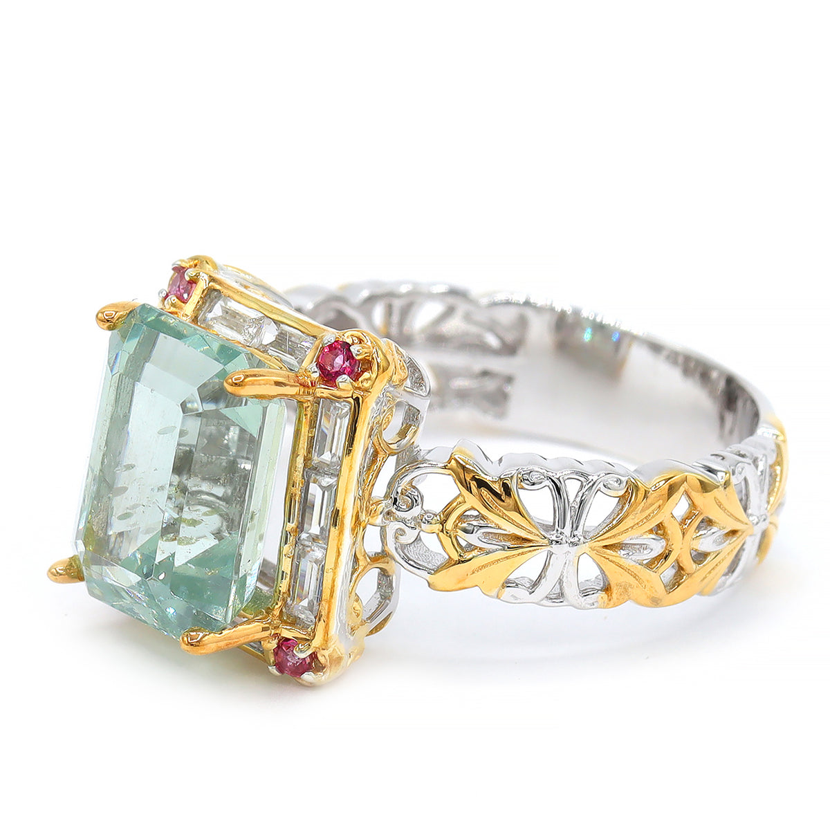 Couture Gems One-of-a-Kind 24K Palladium Silver 8.76ctw Apple Green Apatite, Pink Topaz & White Zircon Ring