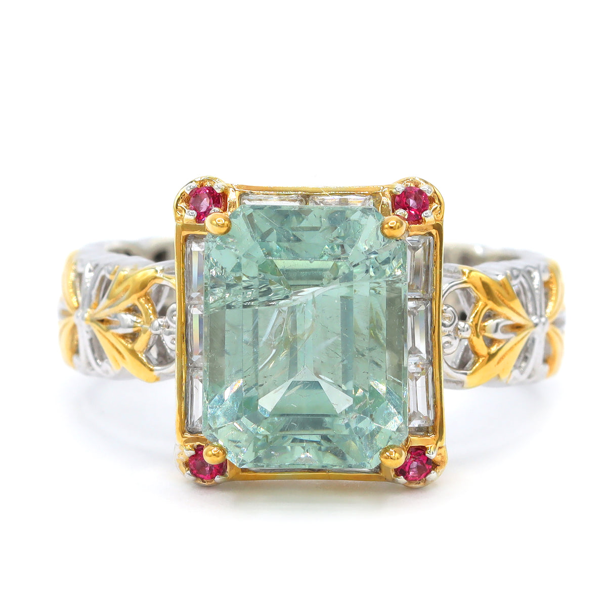 Couture Gems One-of-a-Kind 24K Palladium Silver 8.76ctw Apple Green Apatite, Pink Topaz & White Zircon Ring