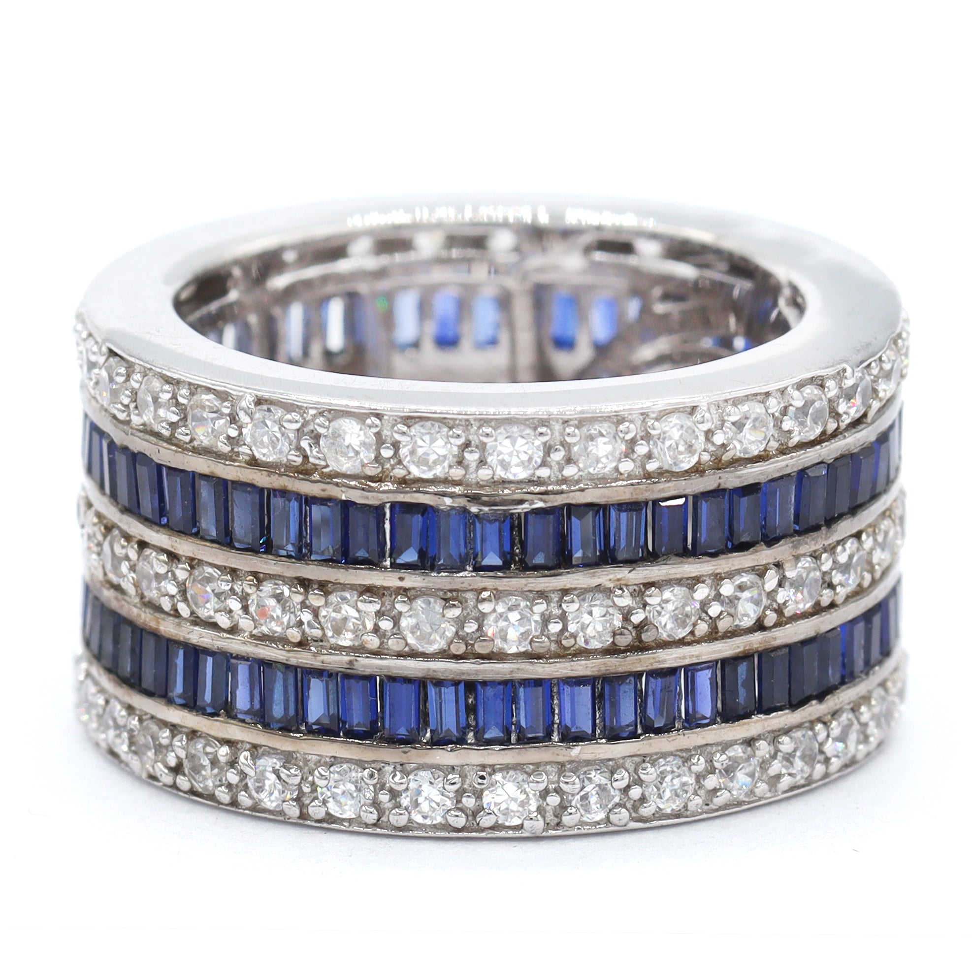 Signity Sterling Silver Created Blue Sapphire & Cubic Zirconia Eternity Wide Band Ring CANNOT BE RESIZED