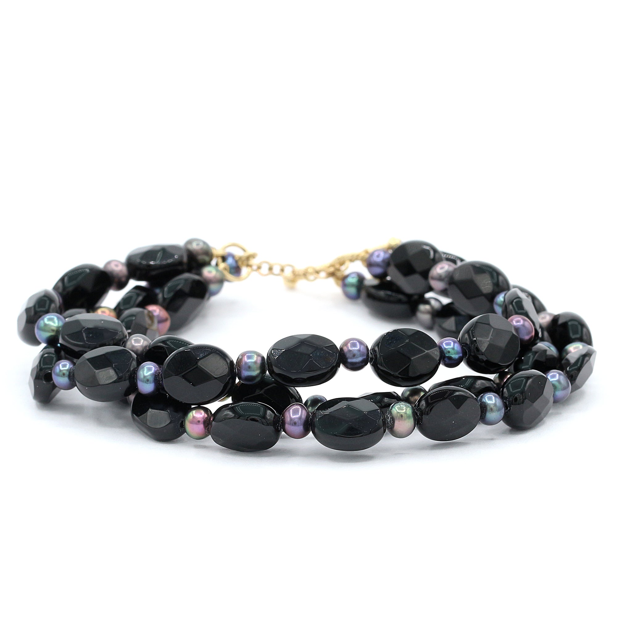 Gems en Vogue 14K Yellow Gold Black Onyx & Pearl Three Strands Bead Toggle Bracelet