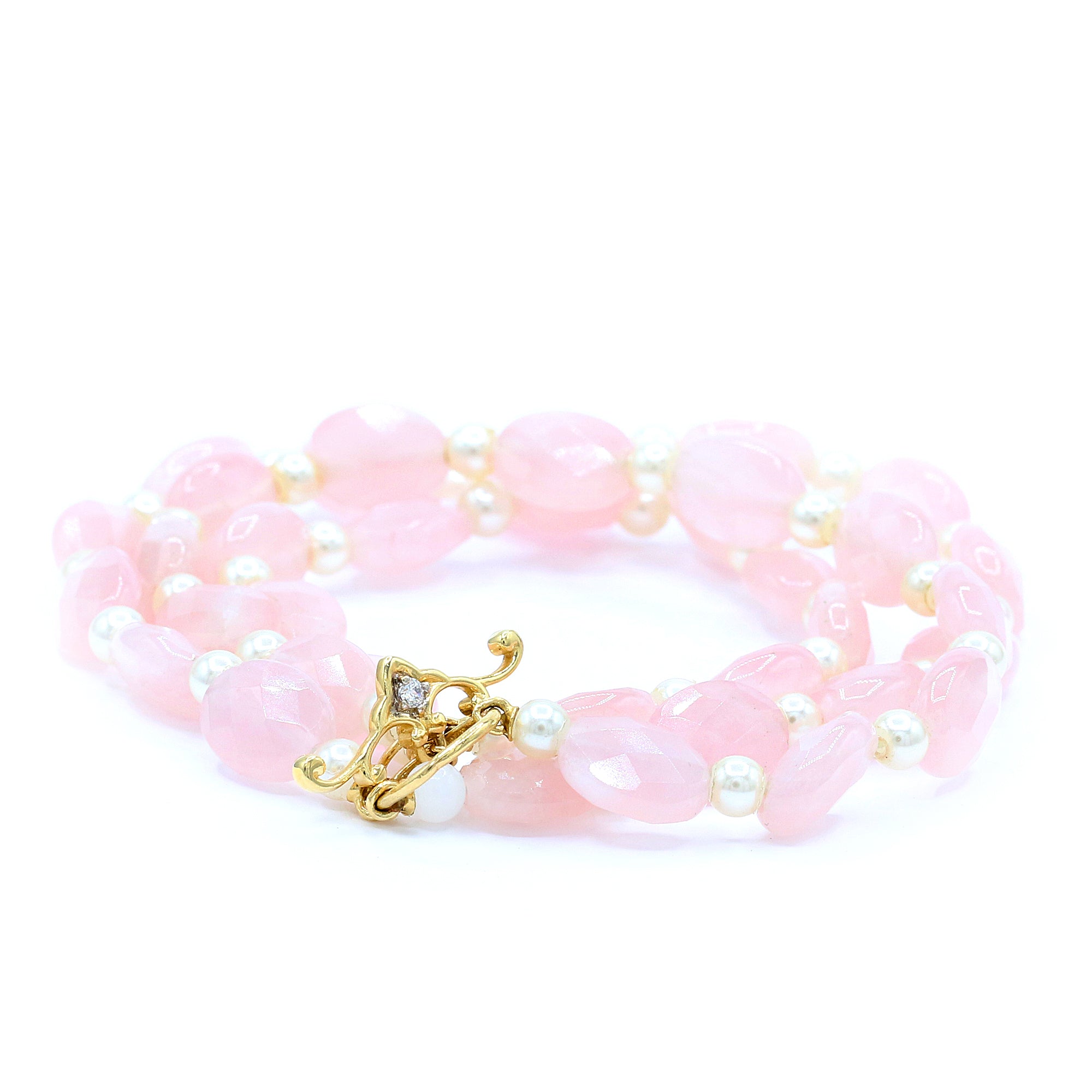 Gems en Vogue 14K Yellow Gold Rose Quartz & White Pearl Three Strands Bead Toggle Bracelet