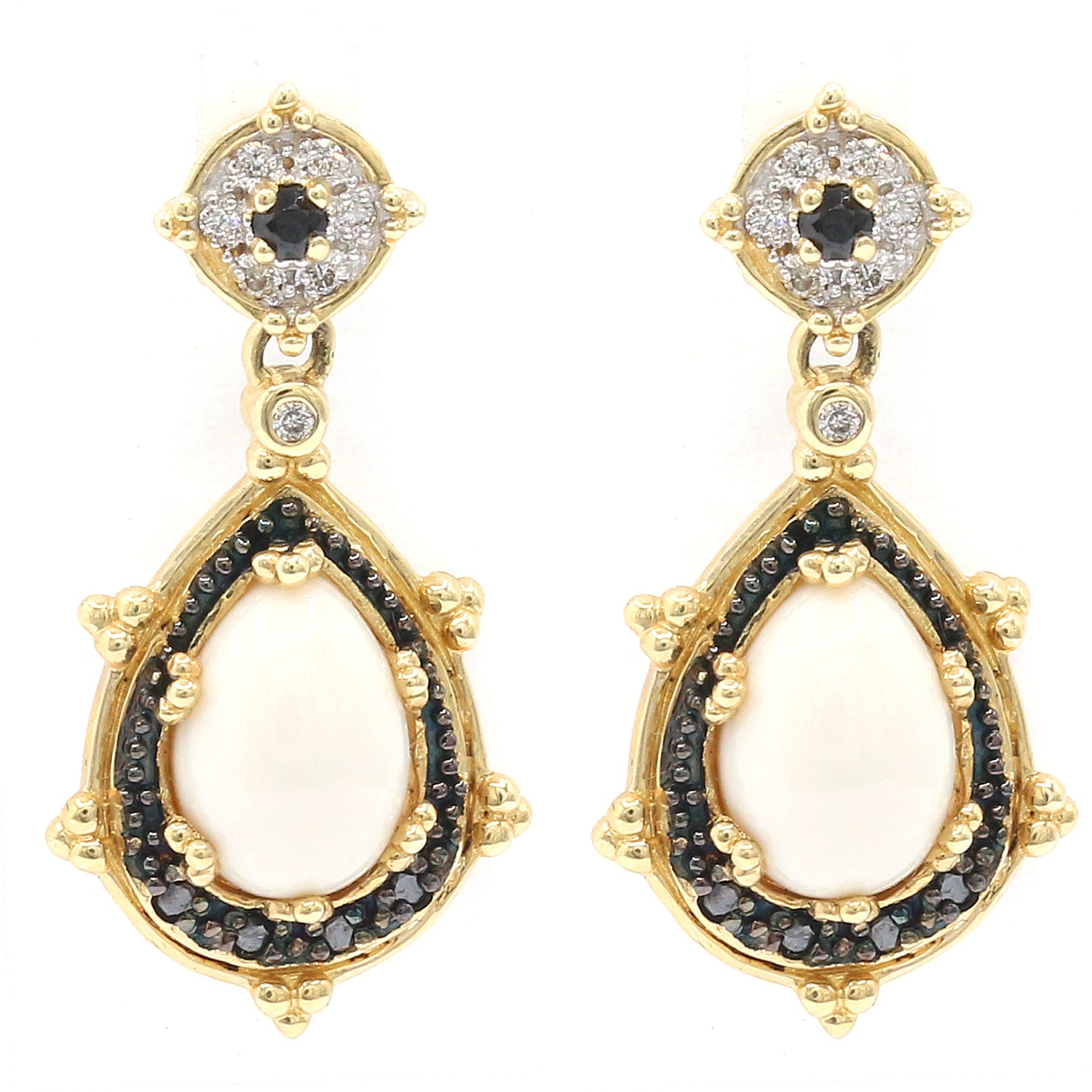 Gems en Vogue Luxe, 14K Yellow Gold Cacholong Agate, Black Spinel & Diamond Drop Earrings