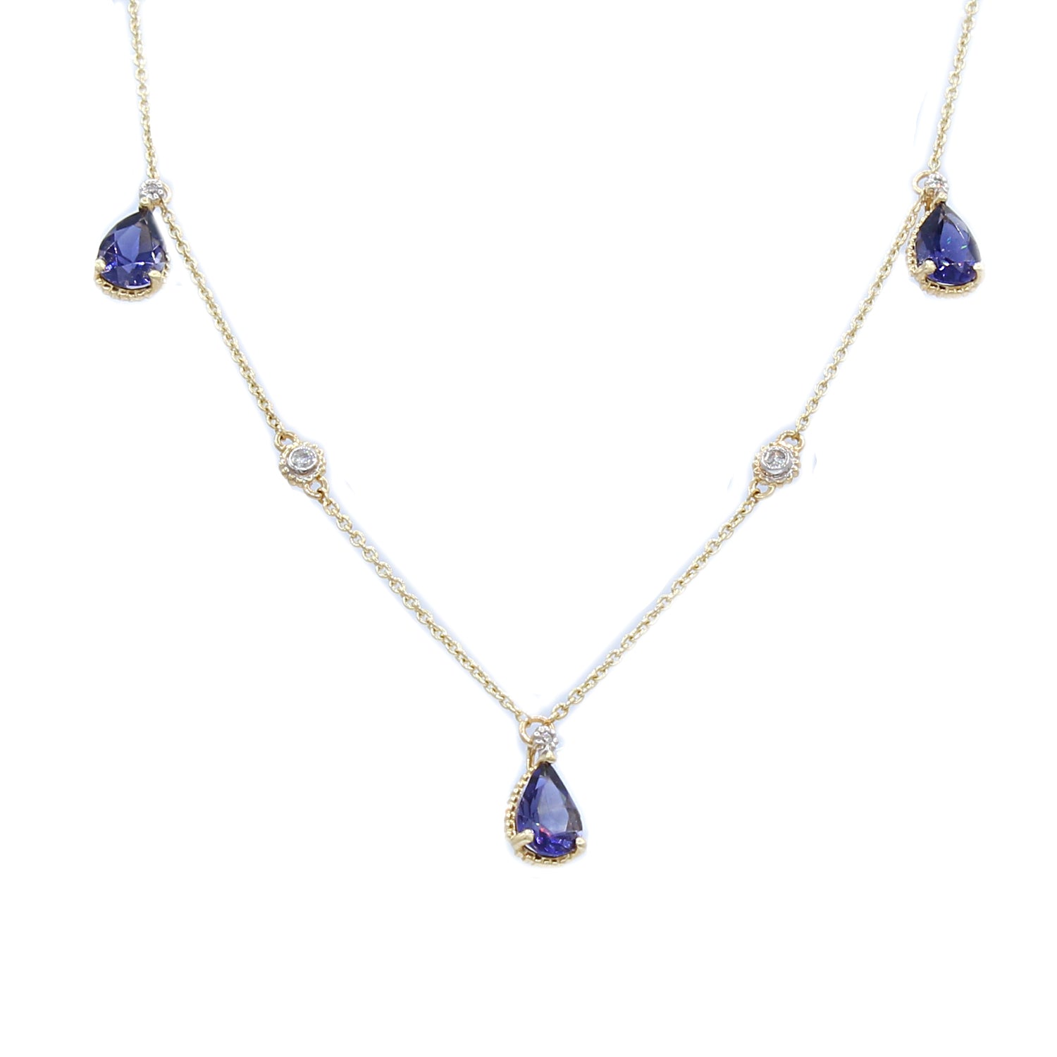 Gems en Vogue 14K Yellow Gold Choice of Amethyst or Iolite & Diamond Station Necklace