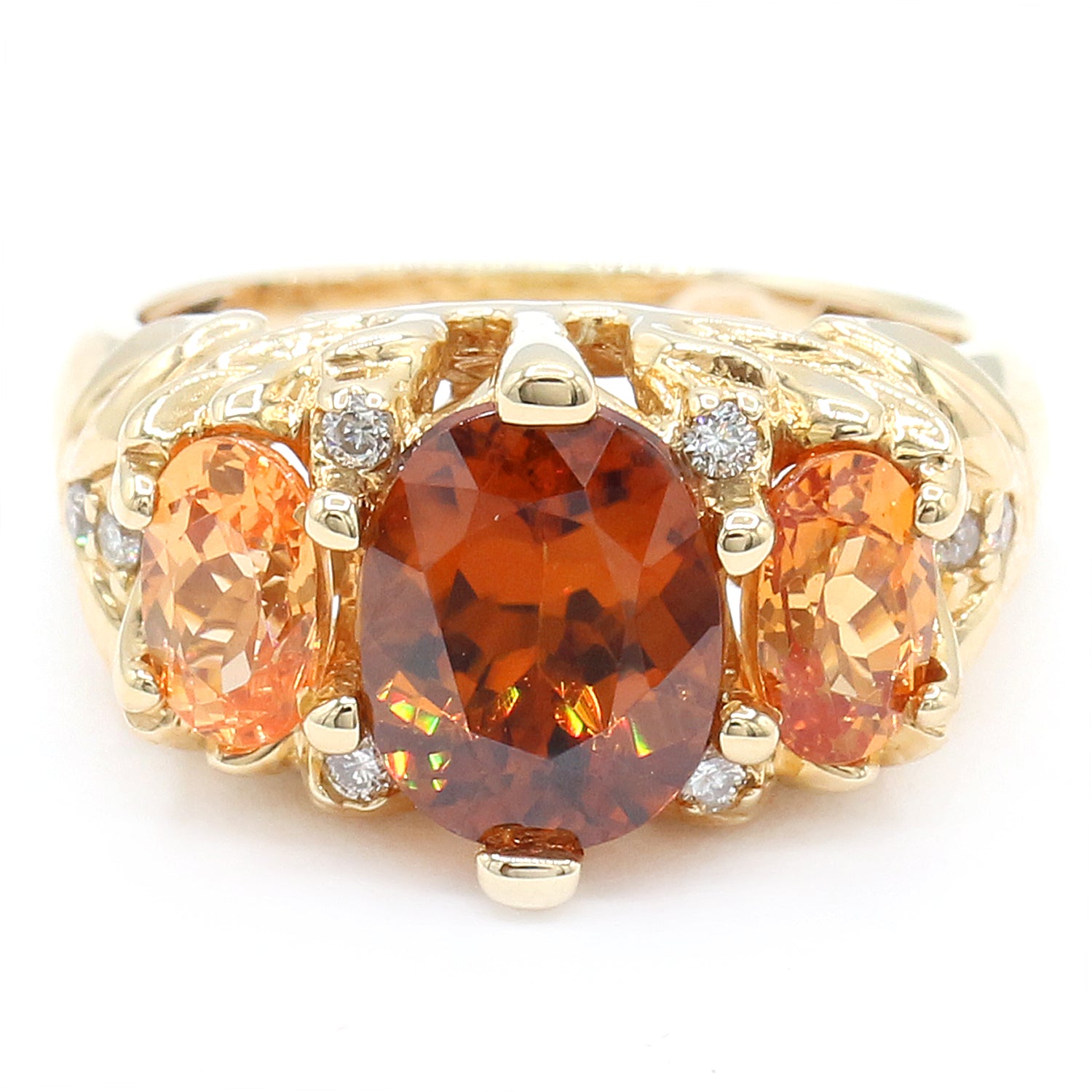 Gems en Vogue 14K Yellow Gold 4.13ctw Chocolate Zircon, Spessartite Garnet & Diamond Three Stone Ring