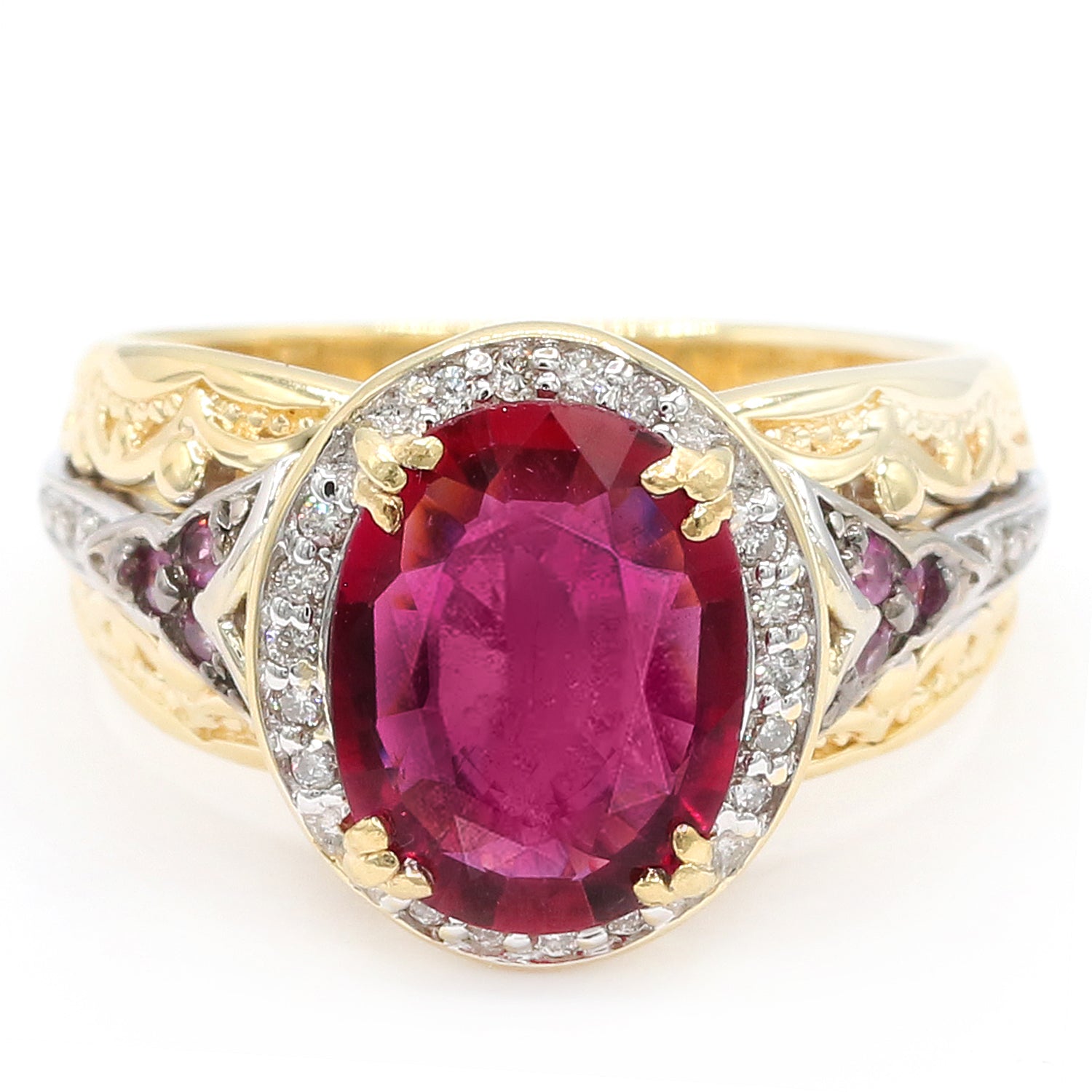 Gems en Vogue Luxe, 14K Yellow Gold 3.78ctw Rubellite, Pink Sapphire & Diamond Ring