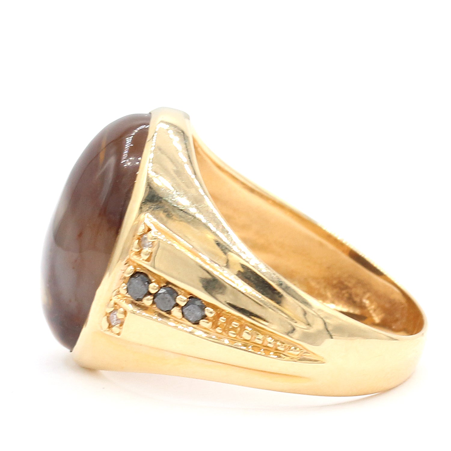 Golden Jewel 14K Yellow Gold Petrified Oak & Black Diamond Ring