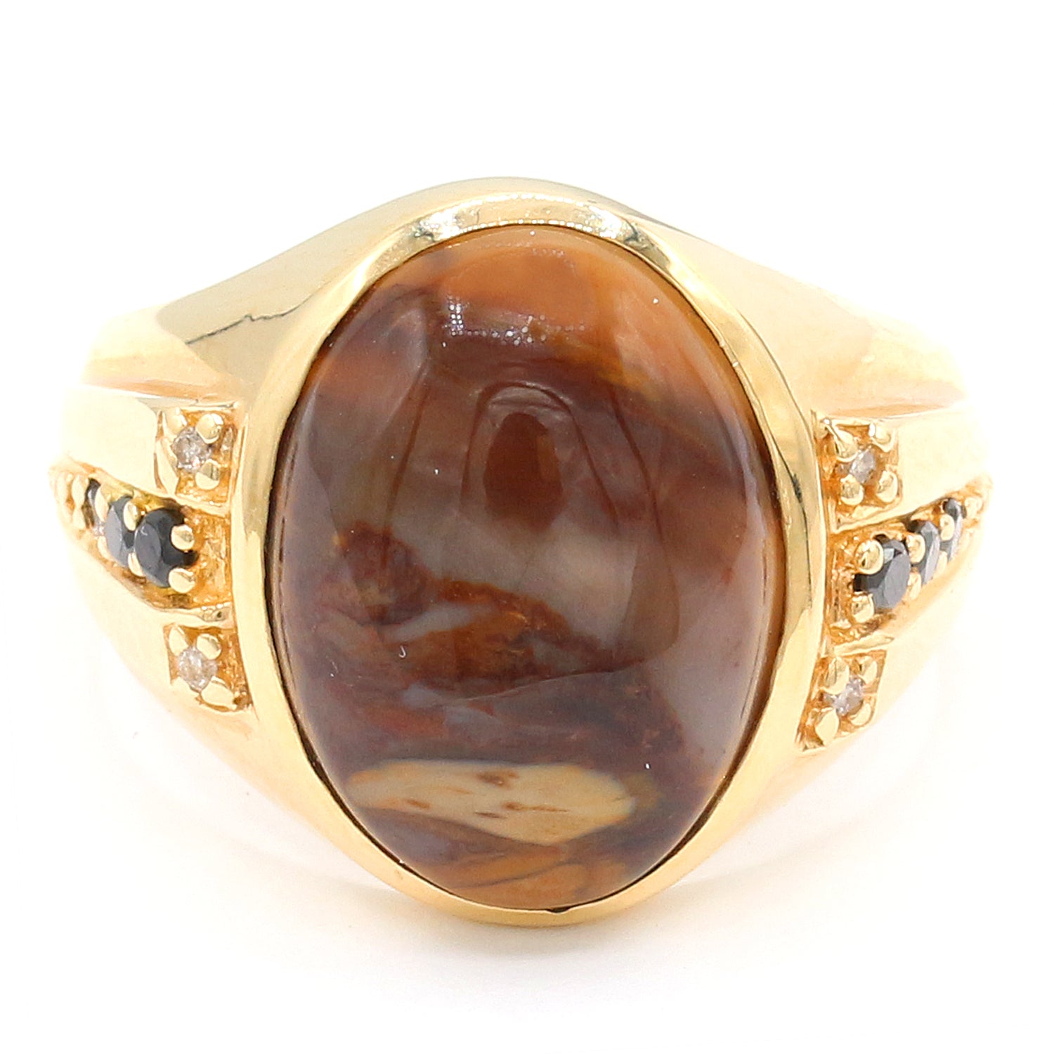 Golden Jewel 14K Yellow Gold Petrified Oak & Black Diamond Ring