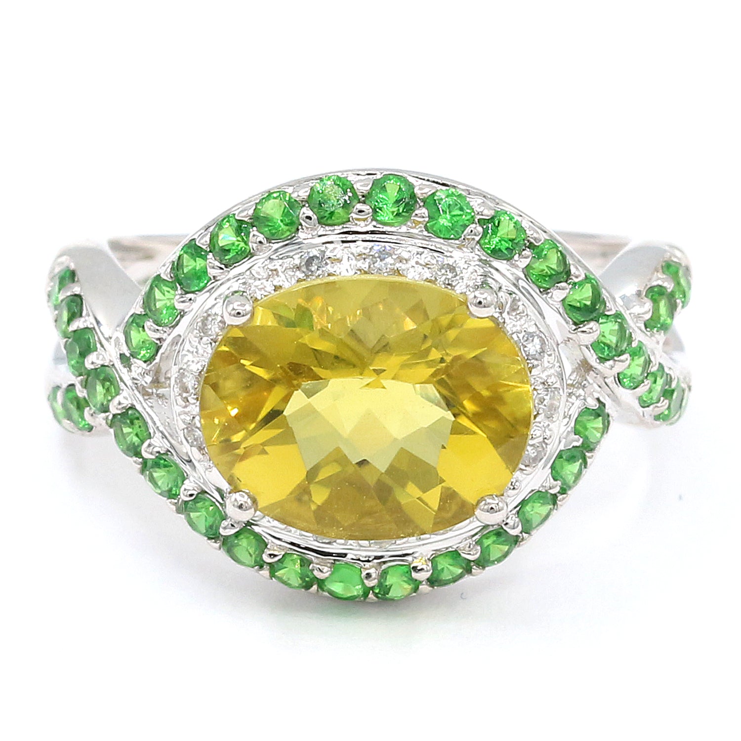 Gems en Vogue 14K White Gold 4.59ctw Ouro Verde, Tsavorite Garnet & Diamond Ring