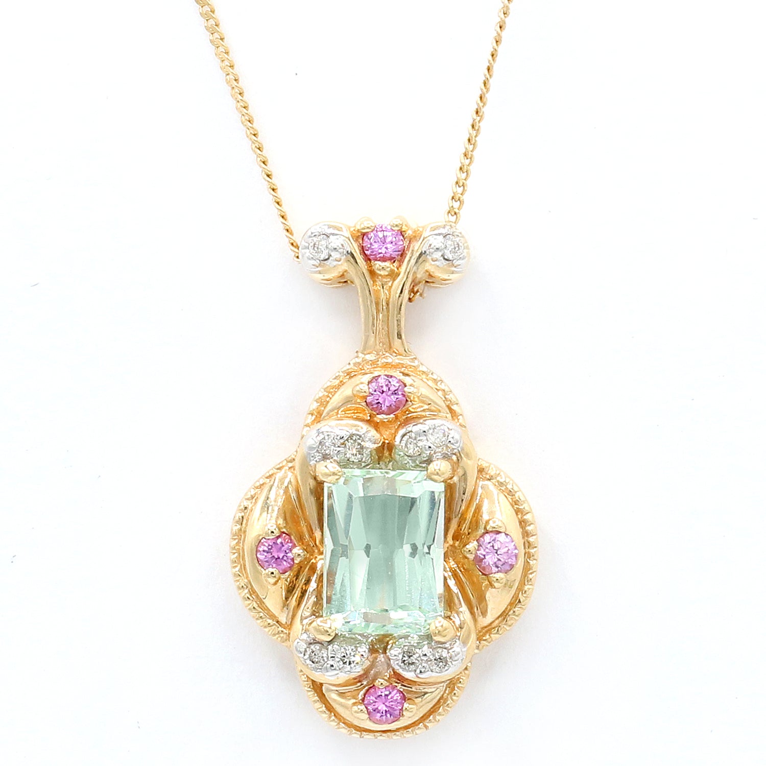 Gems en Vogue Luxe Collection 14K Gold 2.27ctw Hiddenite, Pink Sapphire & Diamond Pendant