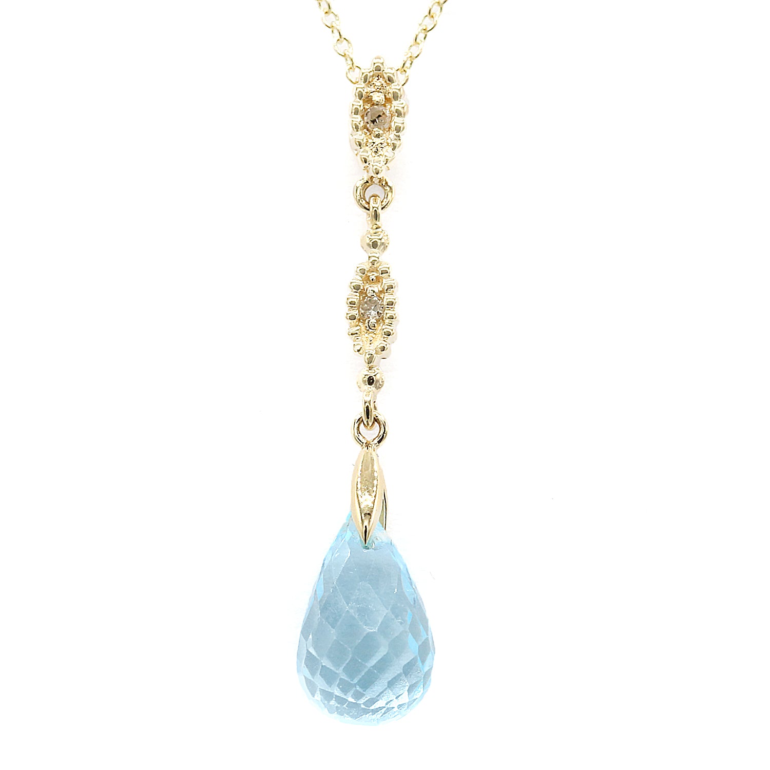 Golden Jewel 14K Yellow Gold Blue Topaz Briolette & Diamond Drop Pendant