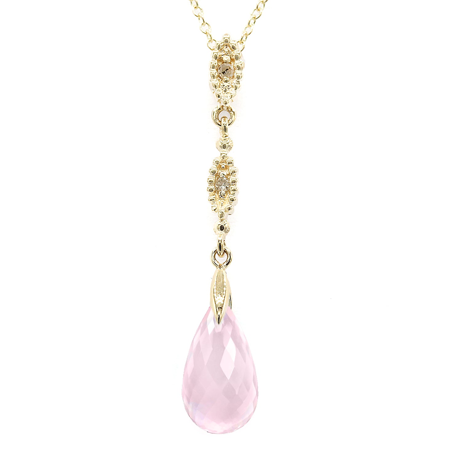 Golden Jewel 14K Yellow Gold Rose Quartz Briolette & Diamond Drop Pendant