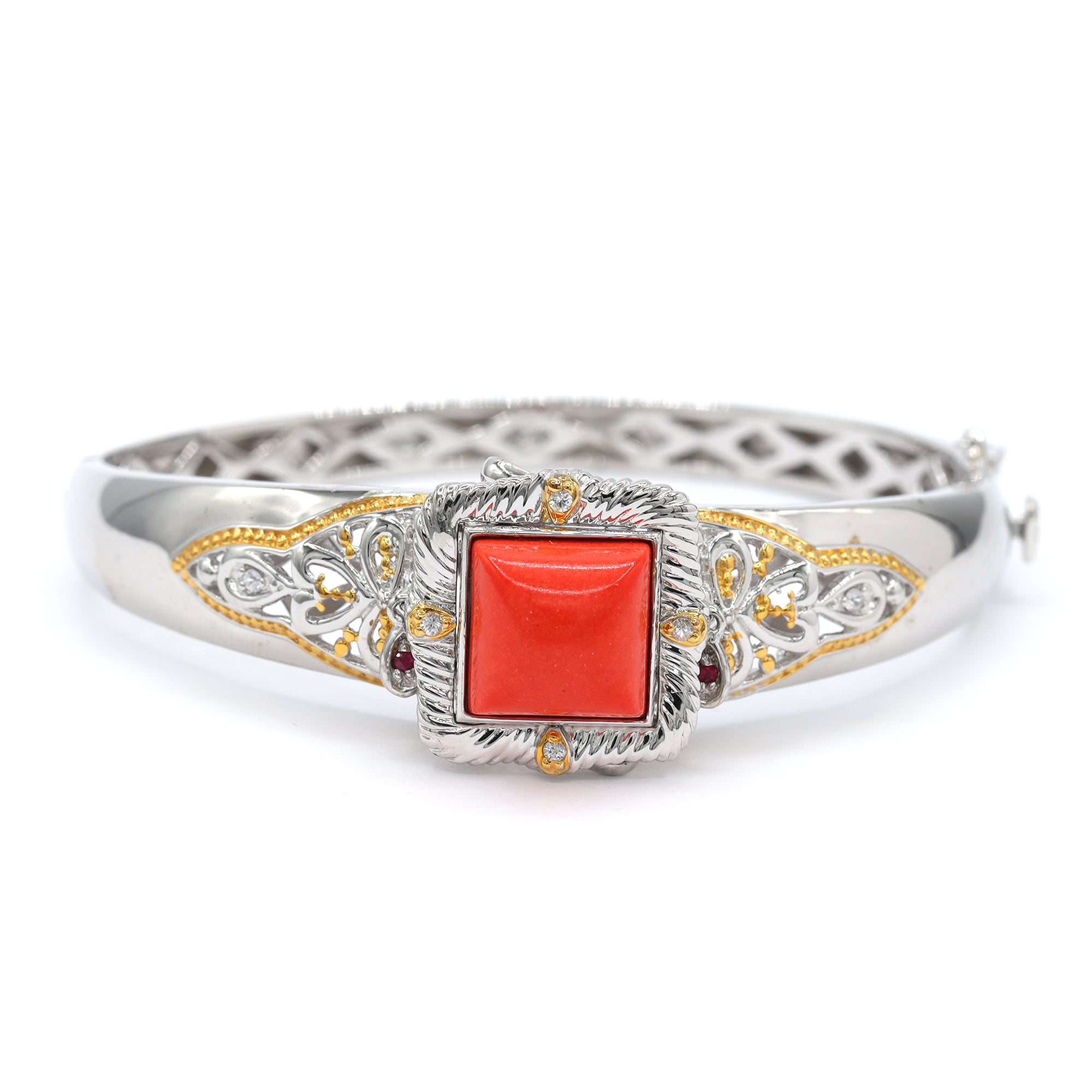 Gems en Vogue 24K Palladium Silver Reconstituted Coral, Ruby & Sapphire Bangle Bracelet