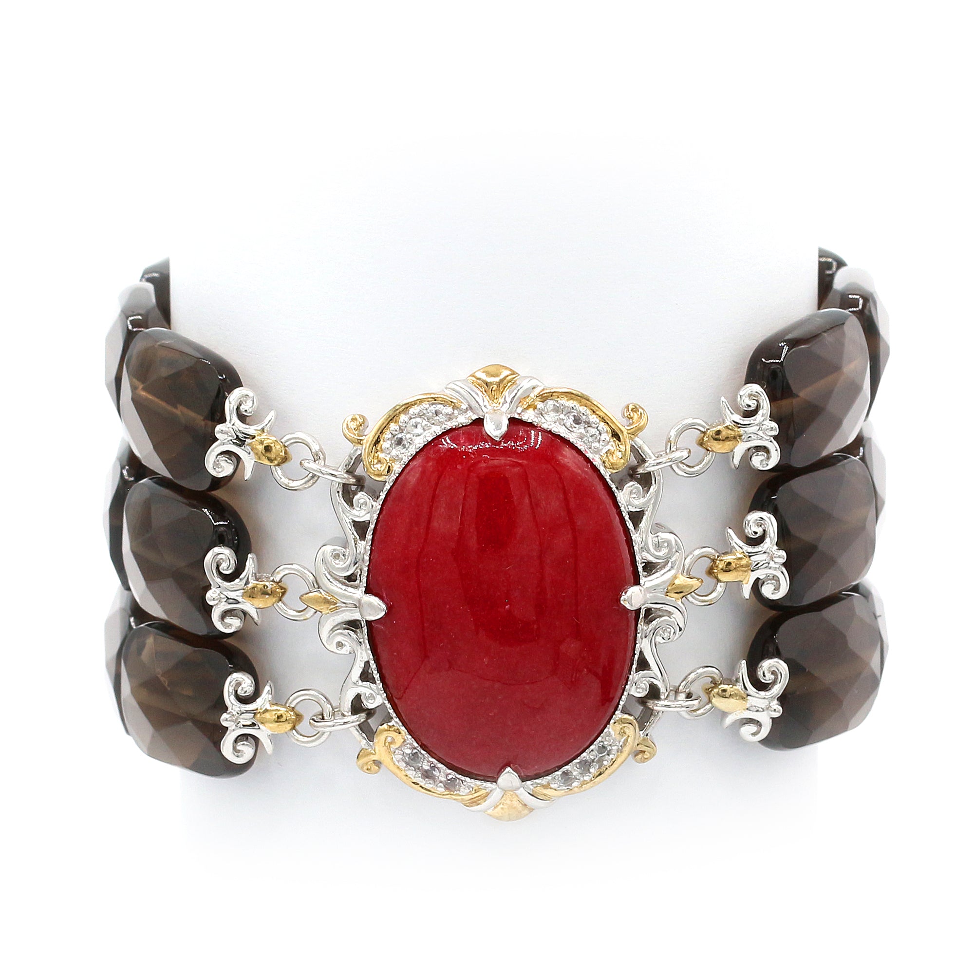 Gems en Vogue 24K Palladium Silver Red Jade & Smoky Quartz Bracelet