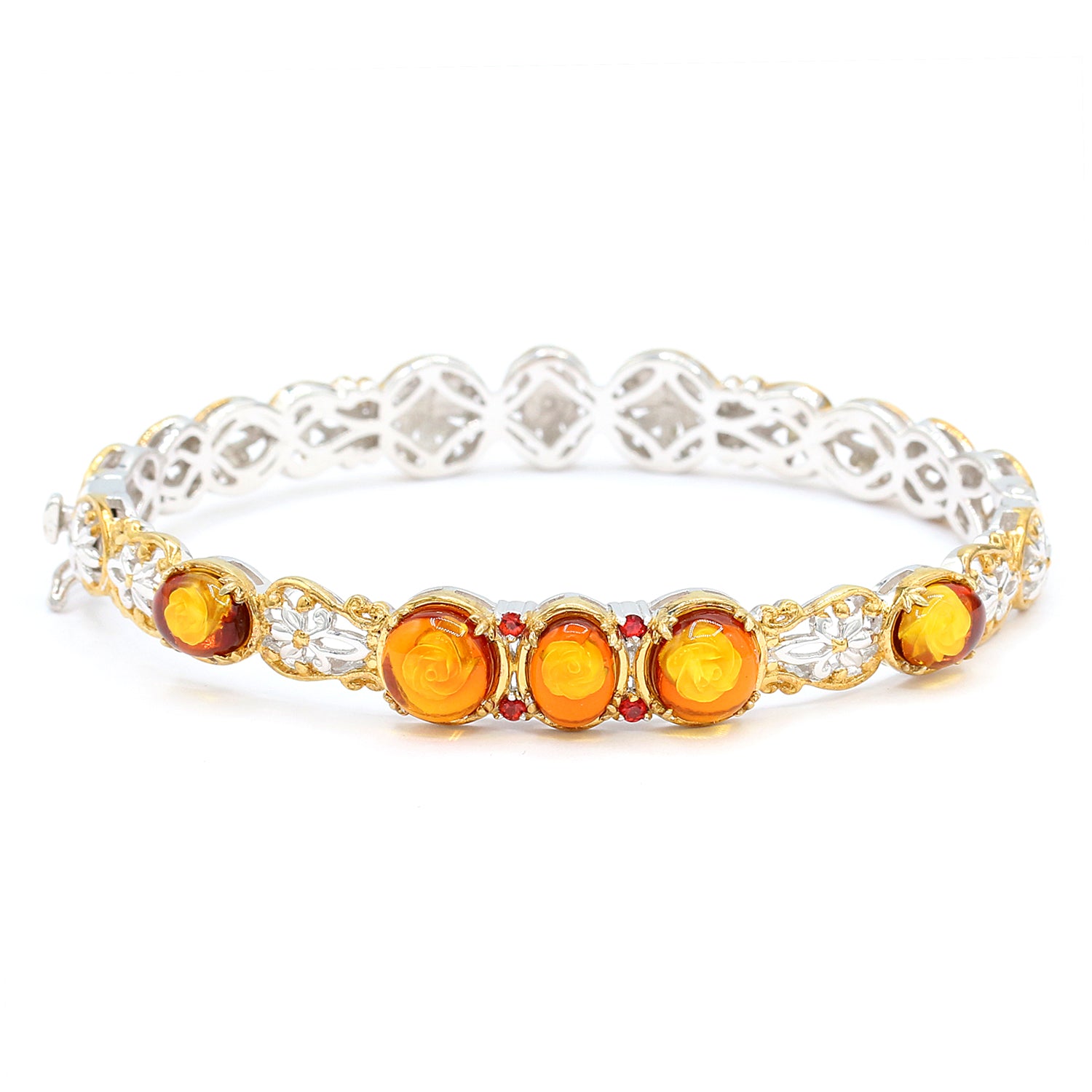 Gems en Vogue Carved Amber & Orange Sapphire Flower Bangle Bracelet