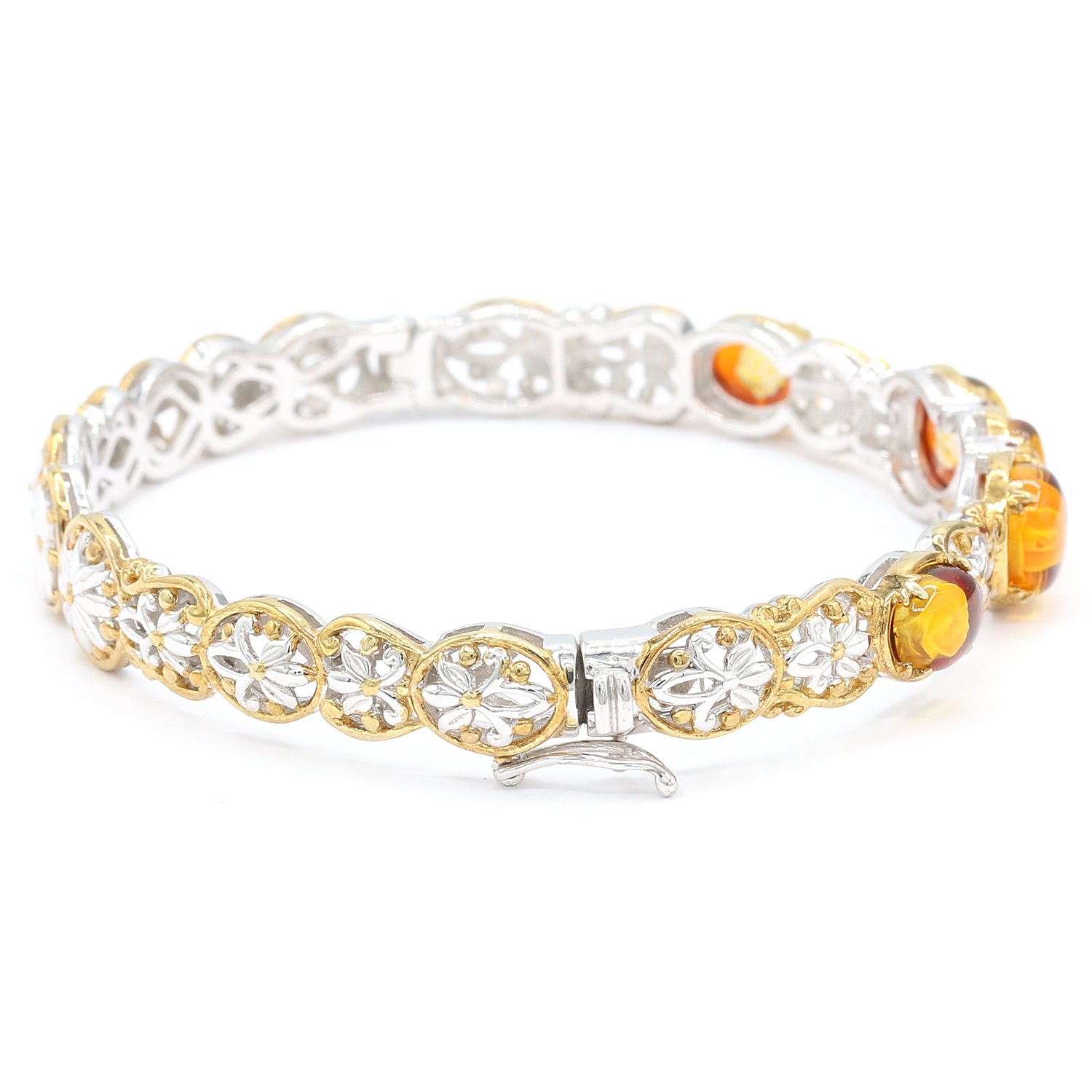 Gems en Vogue Carved Amber & Orange Sapphire Flower Bangle Bracelet