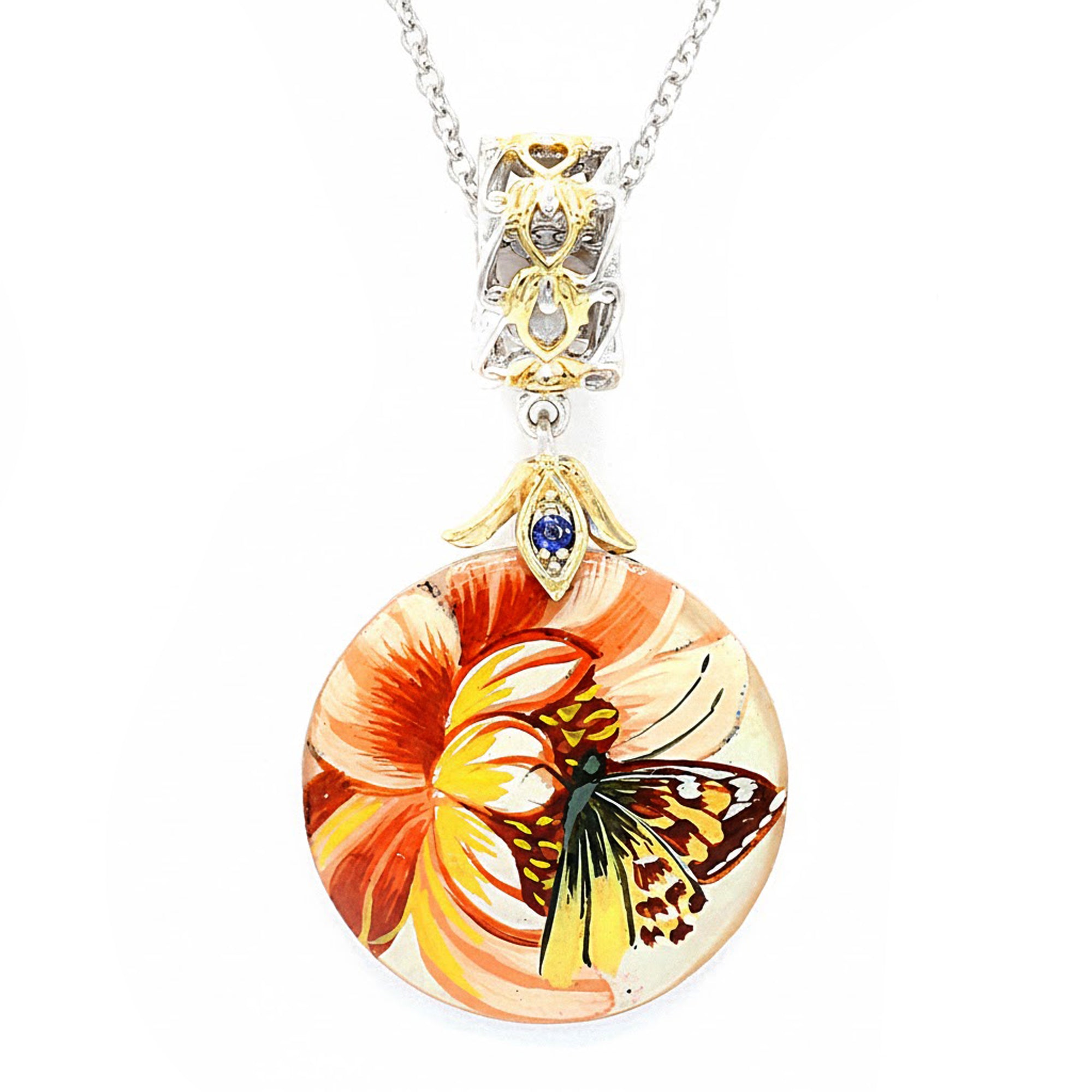 Gems en Vogue 24K Palladium Silver Hand-Painted Shell & Blue Sapphire Butterfly & Flower Charm/Pendant