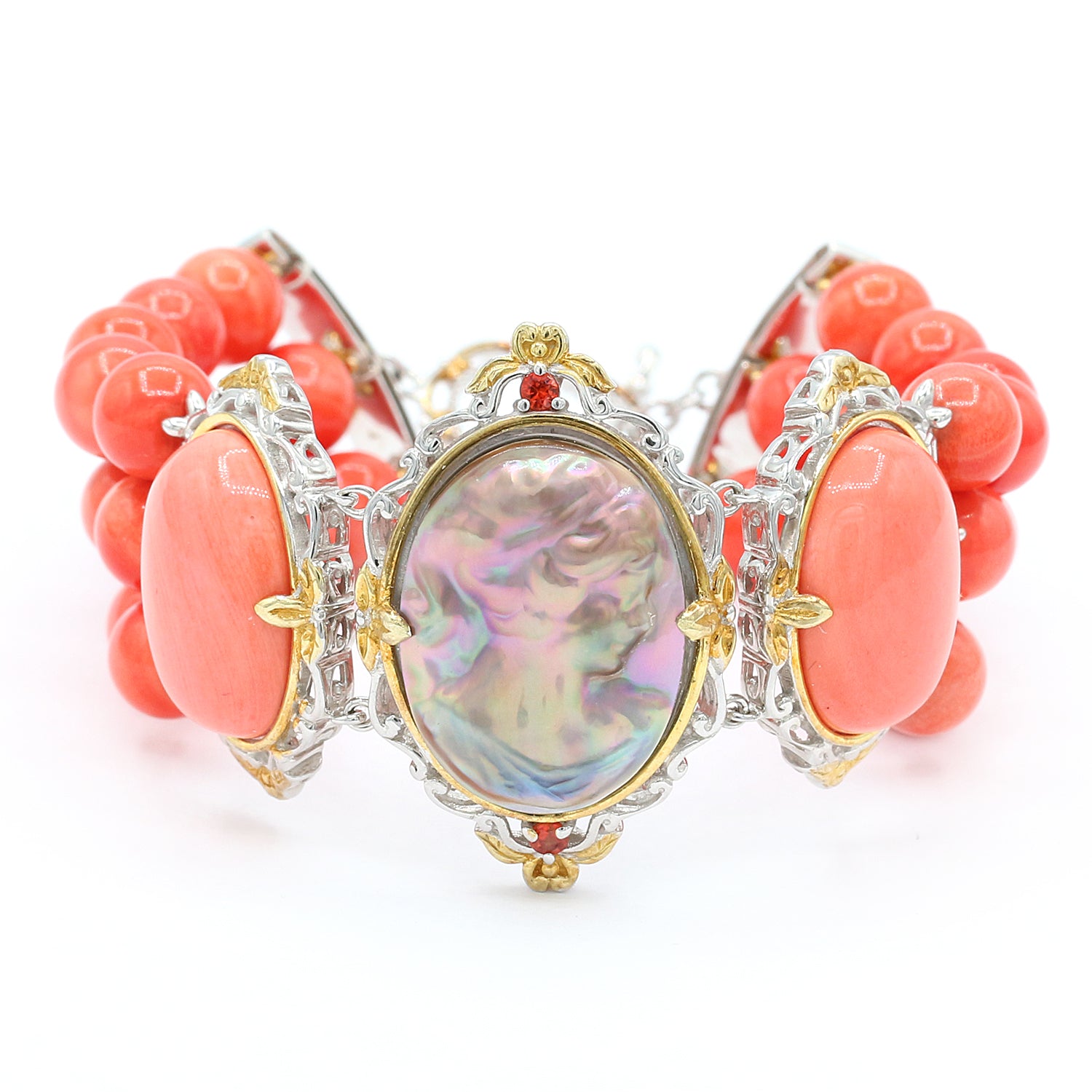 Gems en Vogue One-of-a-kind Shell Cameo, Orange Sapphire & Salmon Coral Bead Lady Portrait Bracelet