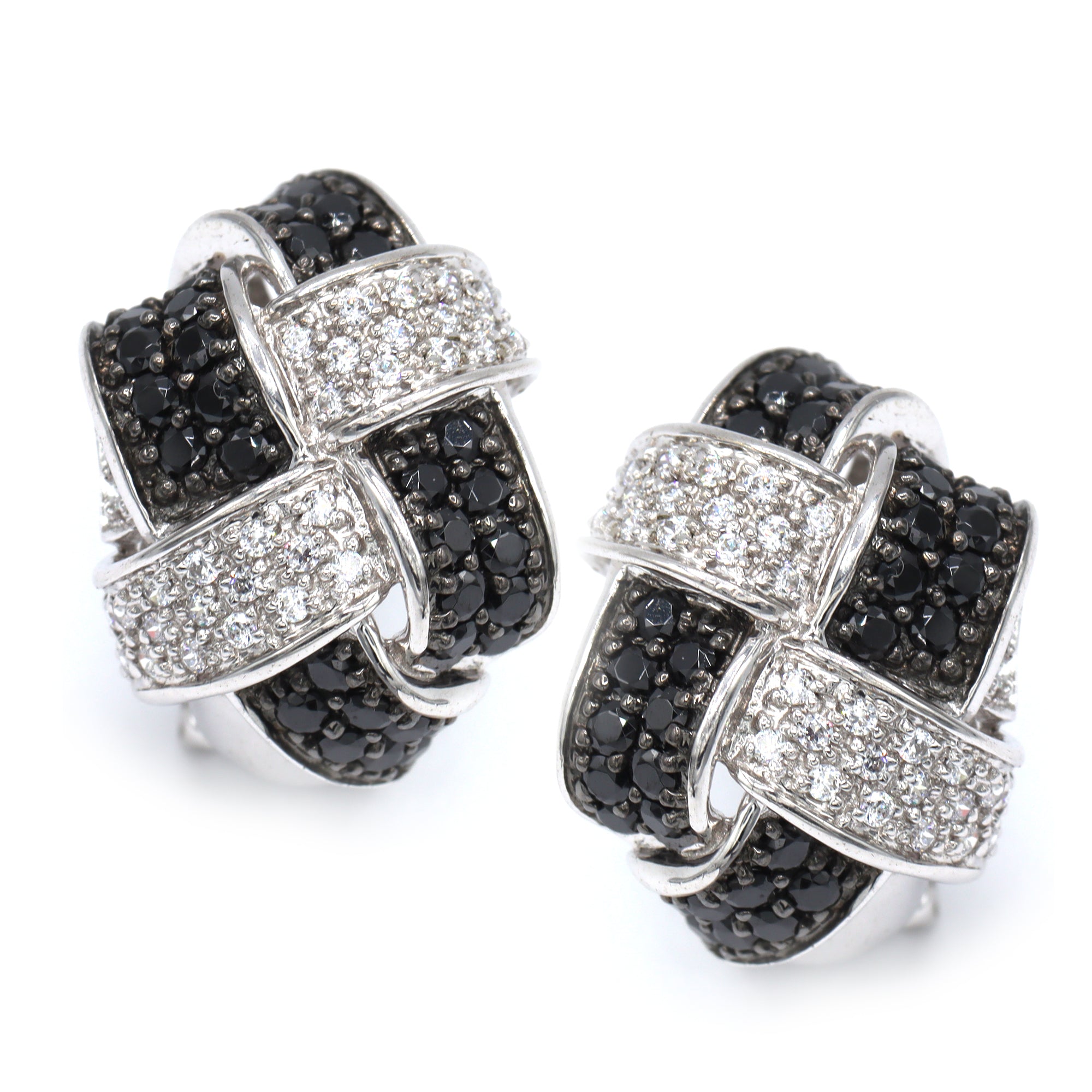 Signity Sterling Silver Black & White Cubic Zirconia Knot Omega Back Earrings