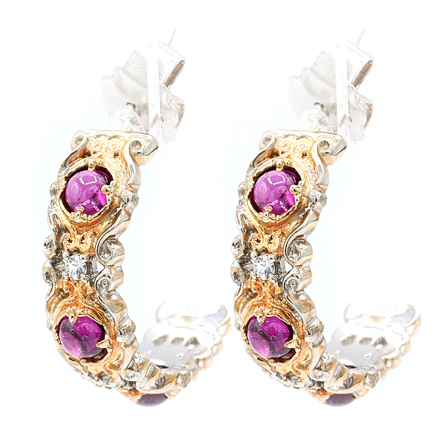 Gems en Vogue 1.67ctw Rhodolite Garnet & White Sapphire Hoop Earrings