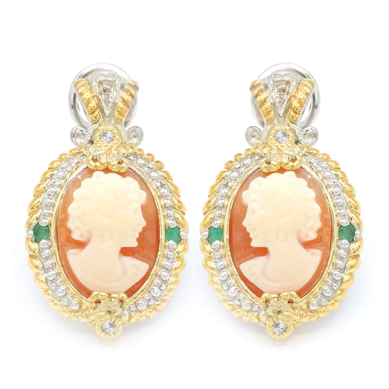 Gems en Vogue Cameo, Emerald & White Sapphire Lady Portrait Earrings