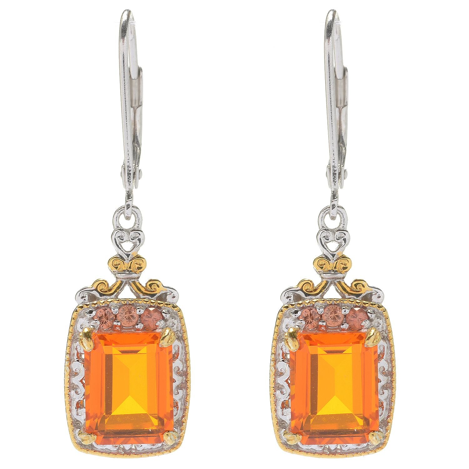 Gems en Vogue 4.78ctw Fire Opal Color Quartz Doublet & Orange Sapphire Drop Earrings