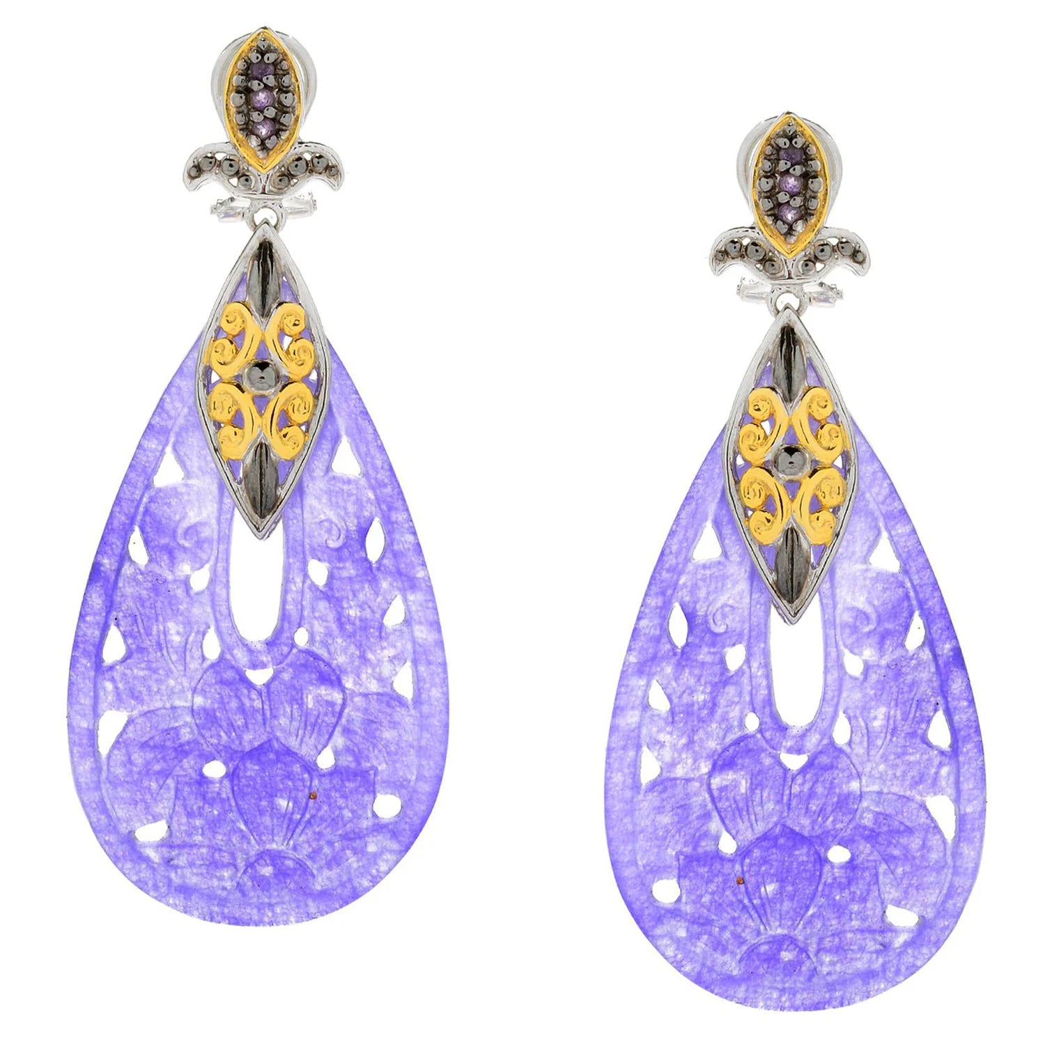 Gems en Vogue 21.78ctw Carved Purple Quartz & Amethyst Pear Drop Earrings