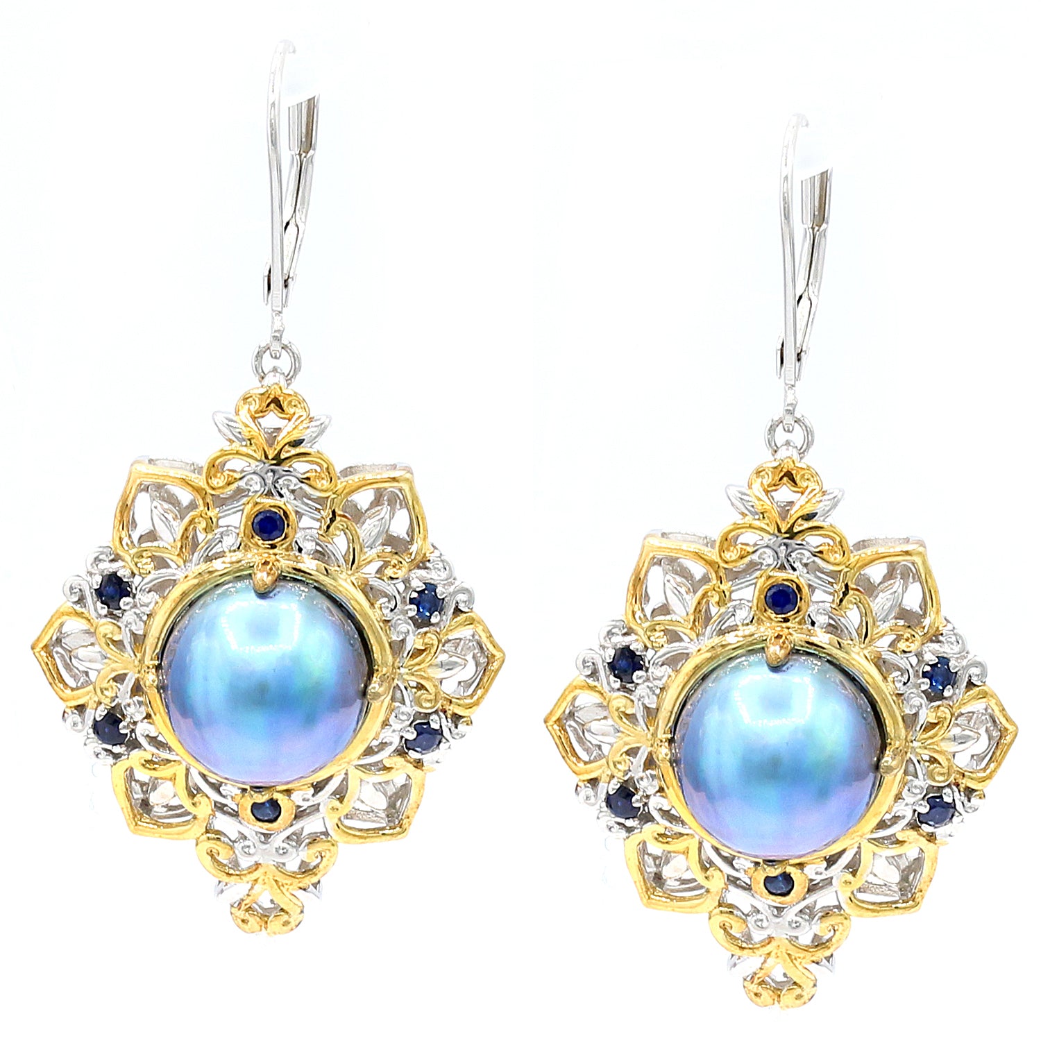 Gems en Vogue Peacock Mabe Pearl & Blue Sapphire Drop Earrings