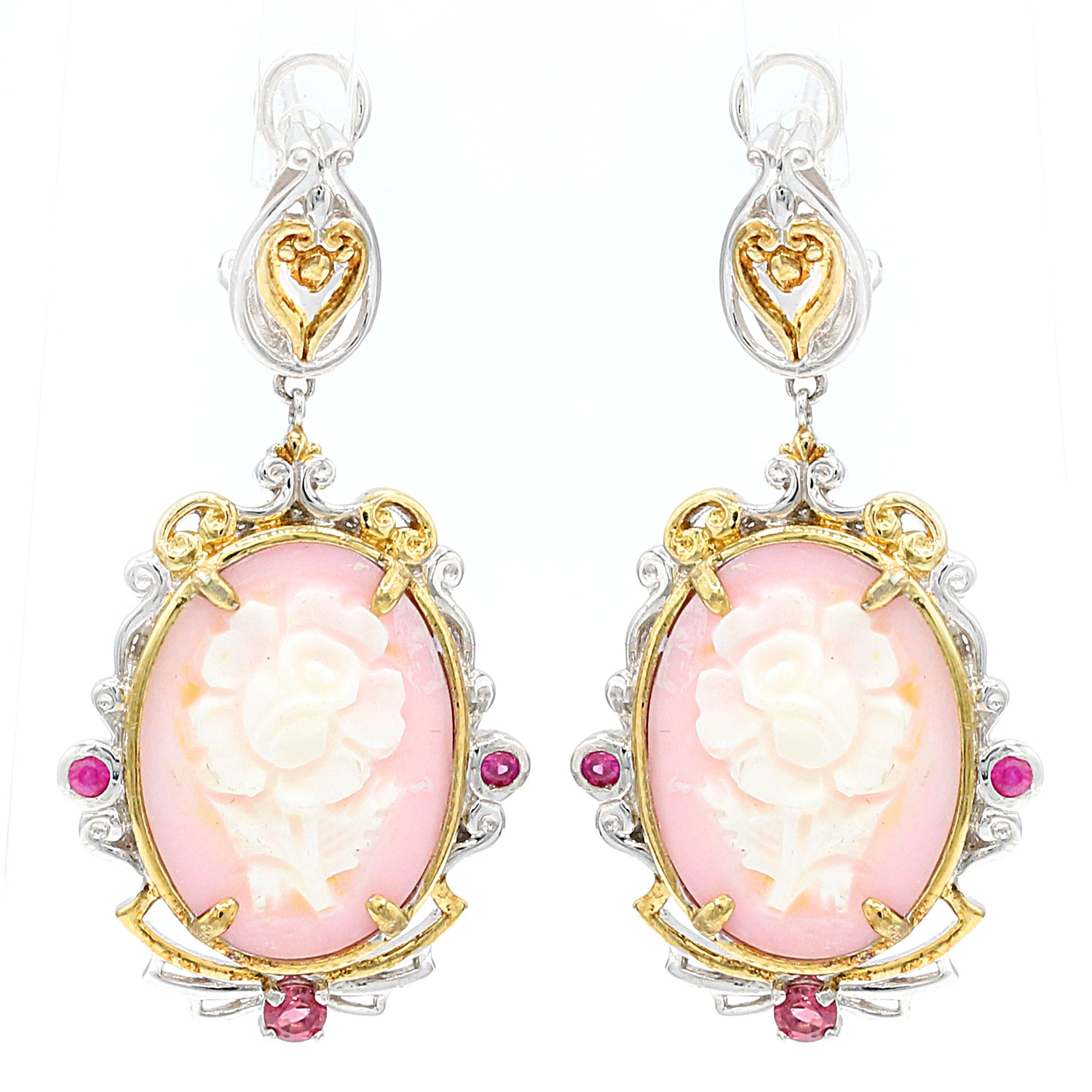 Gems en Vogue Pink Shell Cameo, Tourmaline & Sapphire Flower Drop Earrings