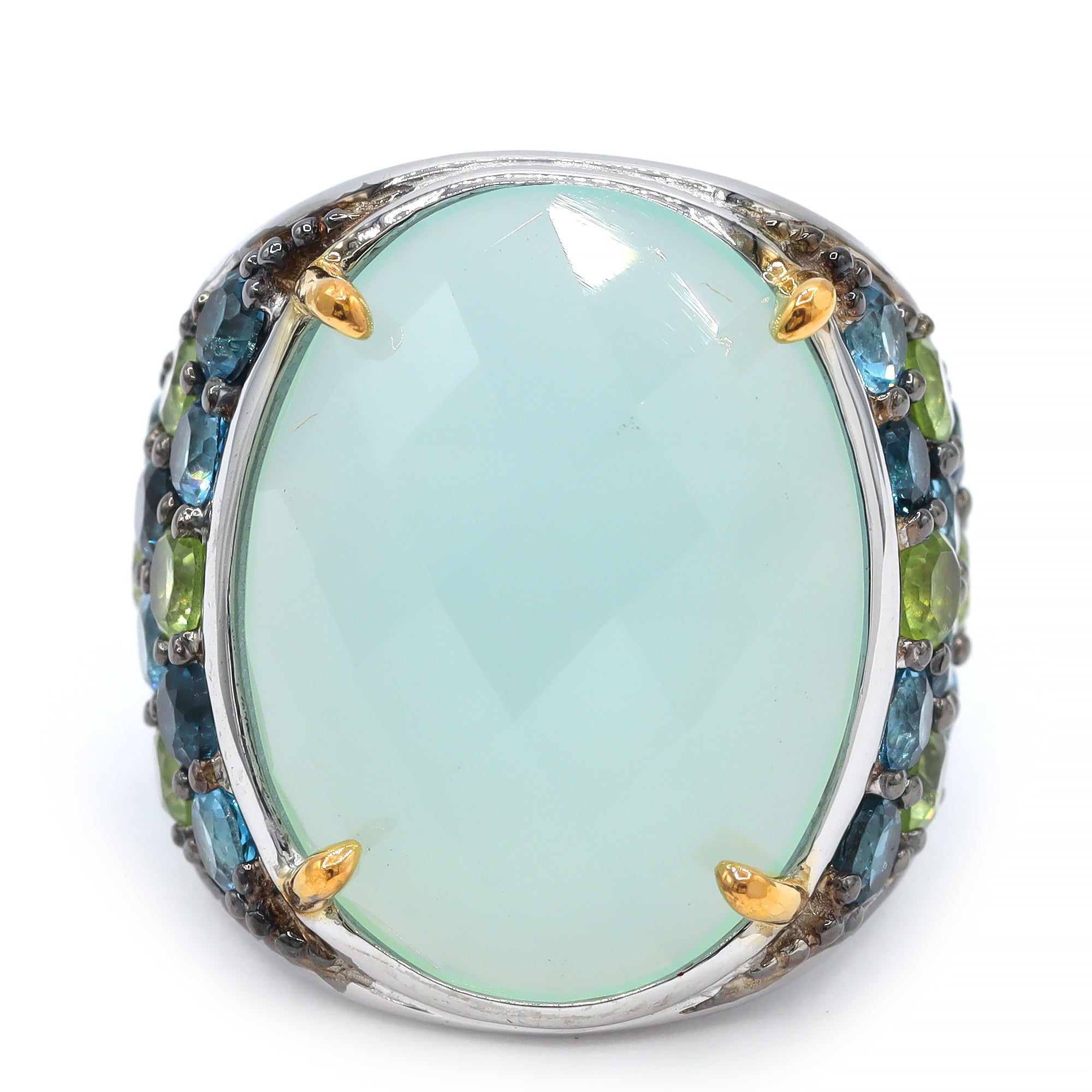 BBG Gems Sterling Silver Blue Chalcedony Blue Topaz and Peridot Ring