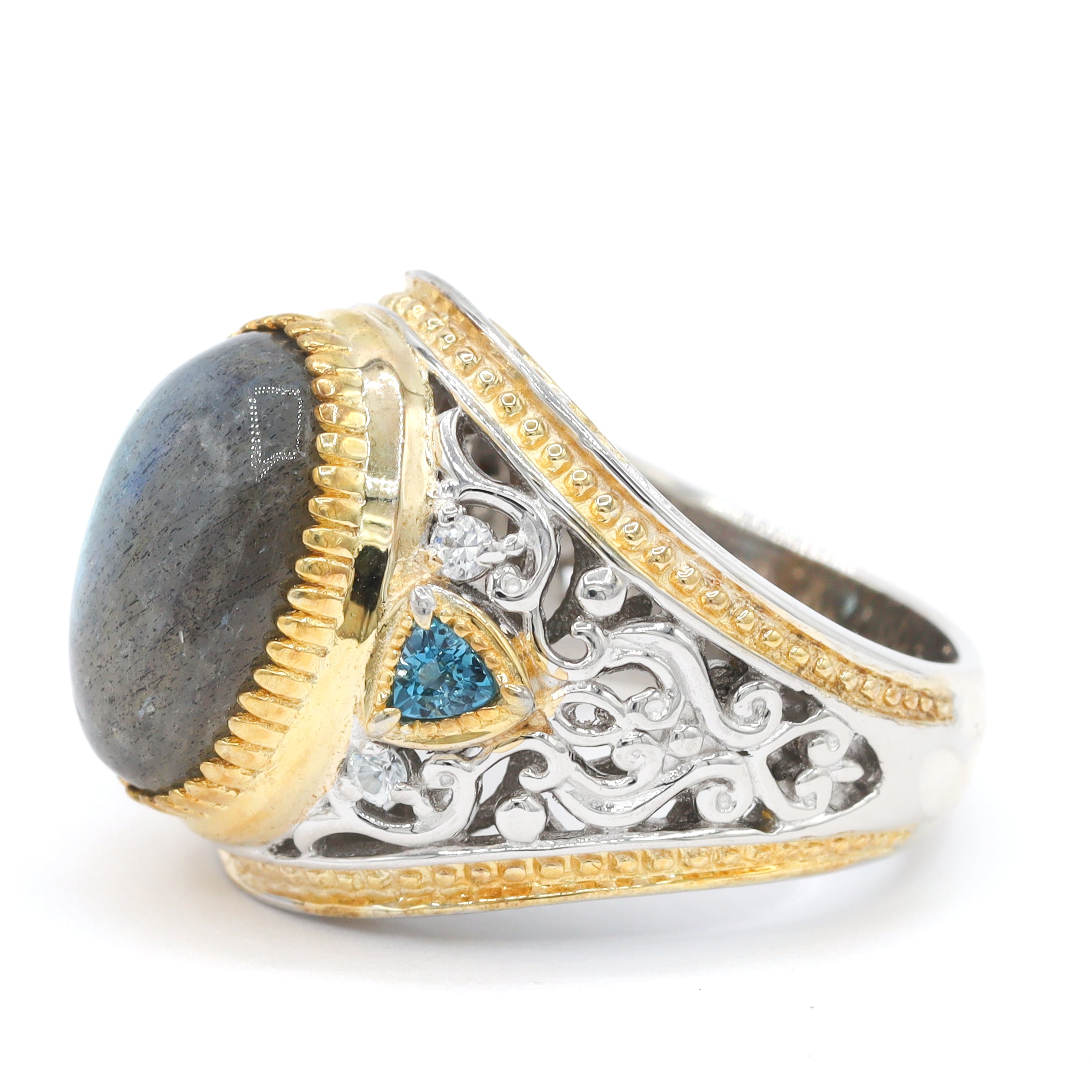 Gems en Vogue 24K Palladium Silver Labradorite, London Blue Topaz & Blue Sapphire Ring