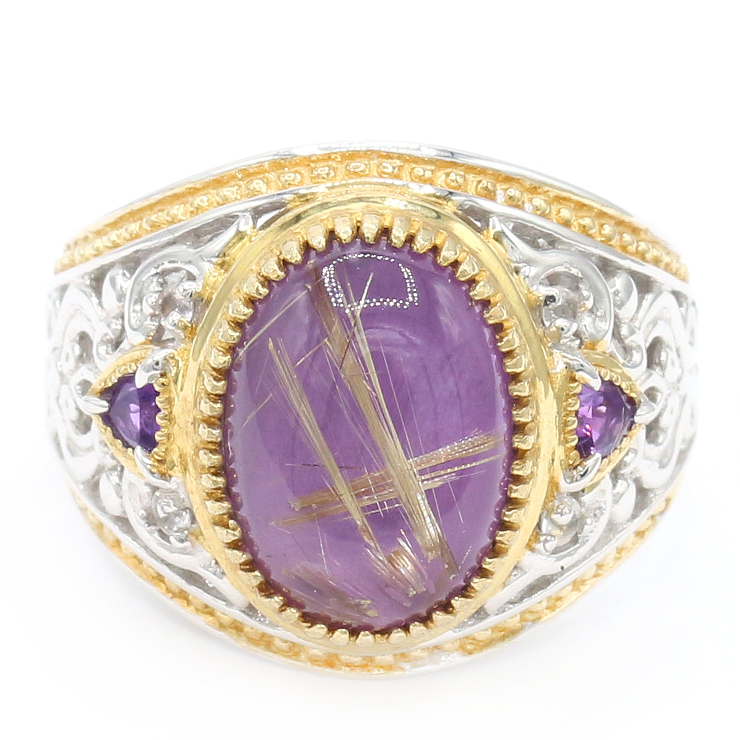 Gems en Vogue Rutilated Amethyst, Amethyst & White Sapphire Ring