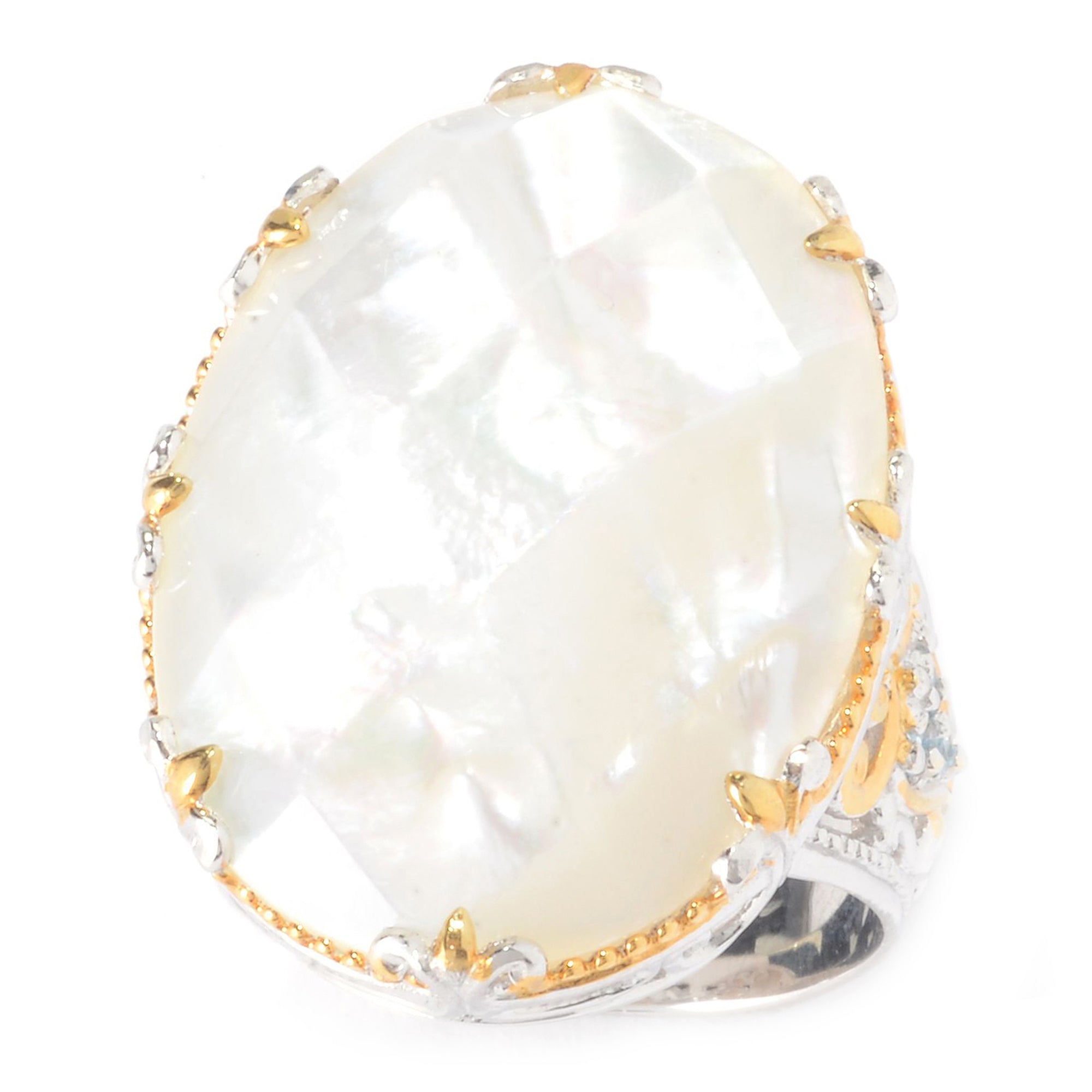 Gems en Vogue 24K Palladium Silver White Mother-of-Pearl Doublet & Swiss Blue Topaz Ring