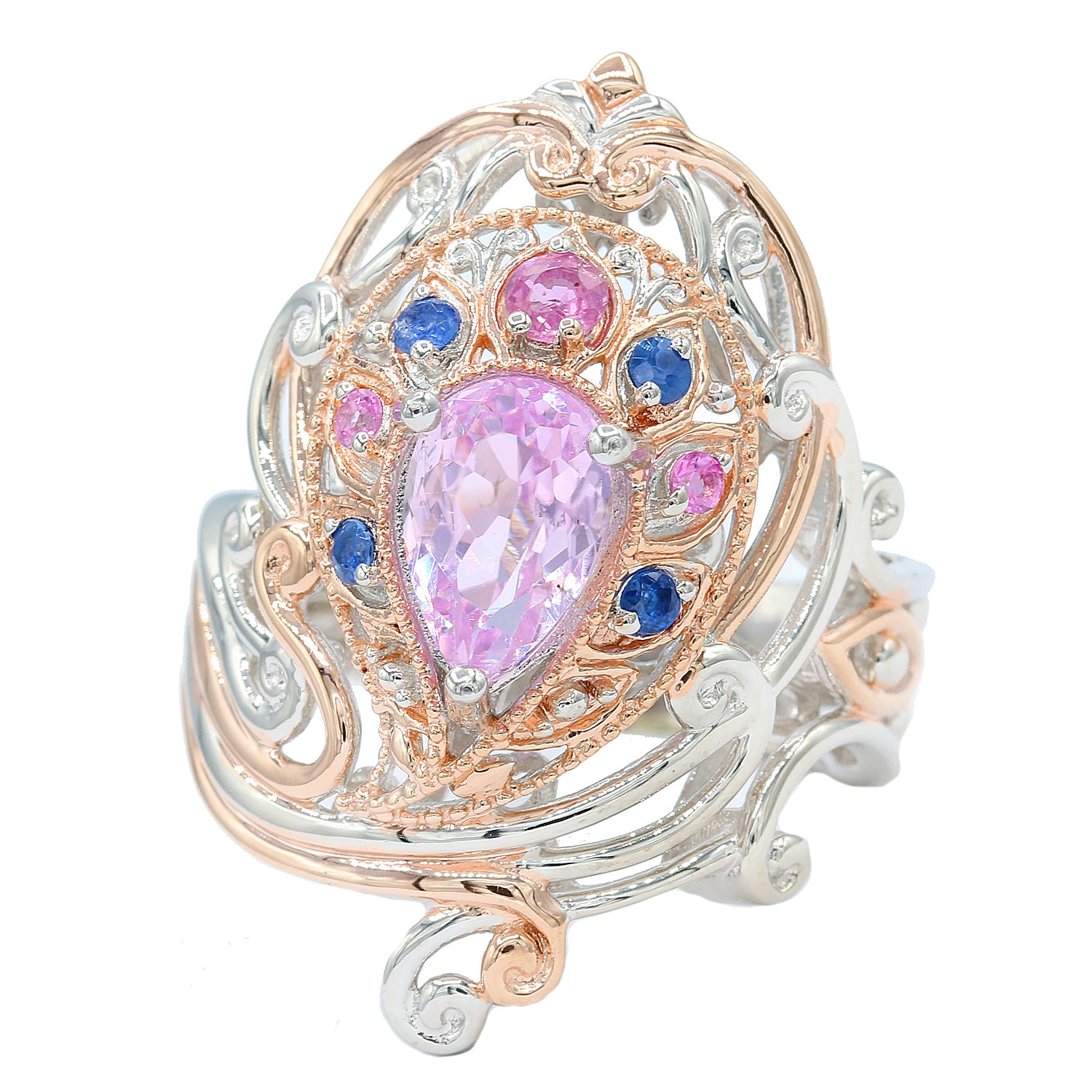 Gems en Vogue 2.60ctw Kunzite & Sapphire Peacock Ring