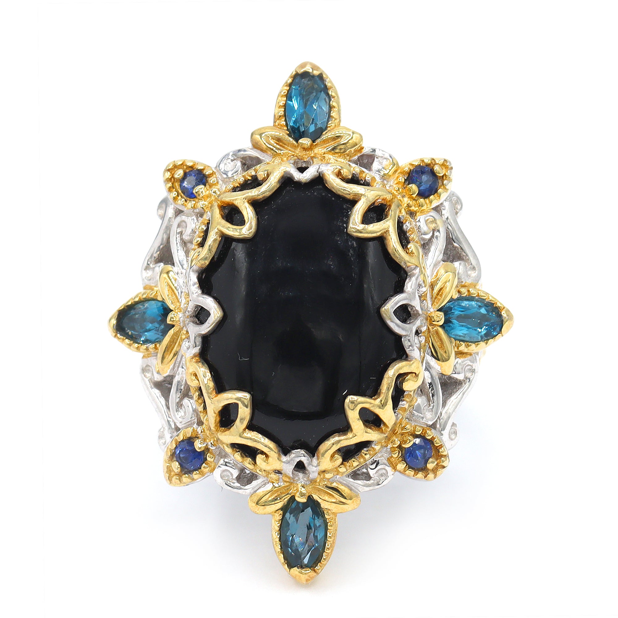 Gems en Vogue 24K Palladium Silver Black Onyx, London Blue Topaz & Blue Sapphire Ring