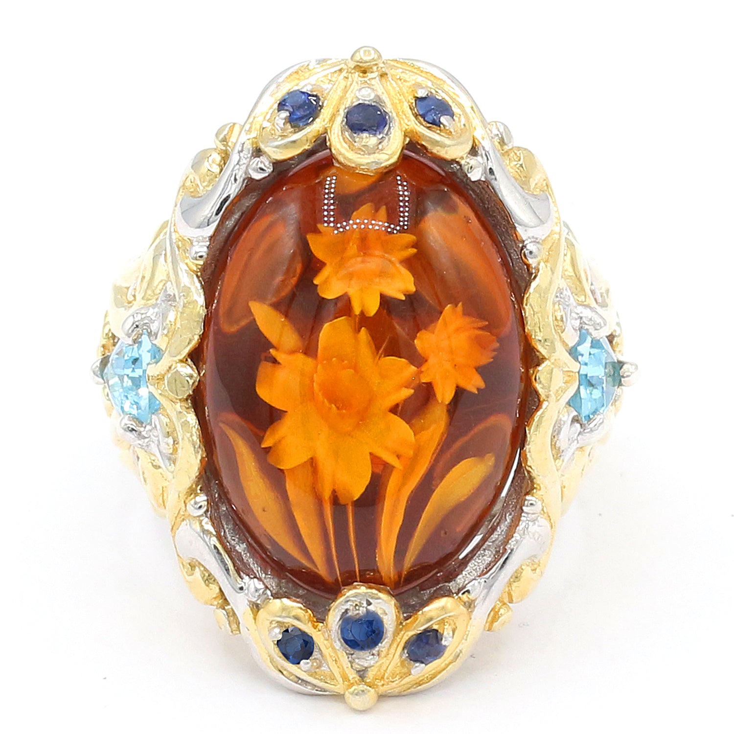 Gems en Vogue Carved Amber, Swiss Blue Topaz & Blue Sapphire Flower Ring