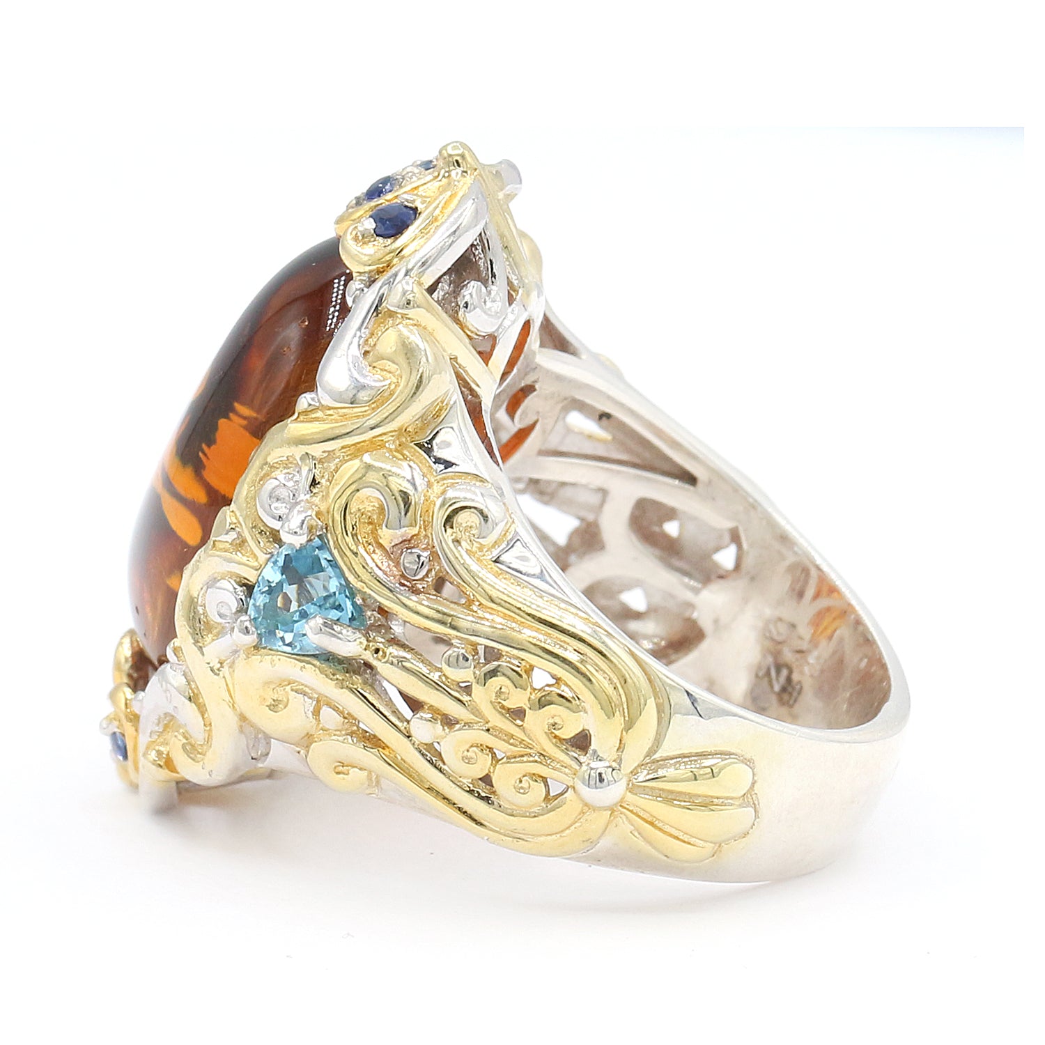 Gems en Vogue Carved Amber, Swiss Blue Topaz & Blue Sapphire Flower Ring