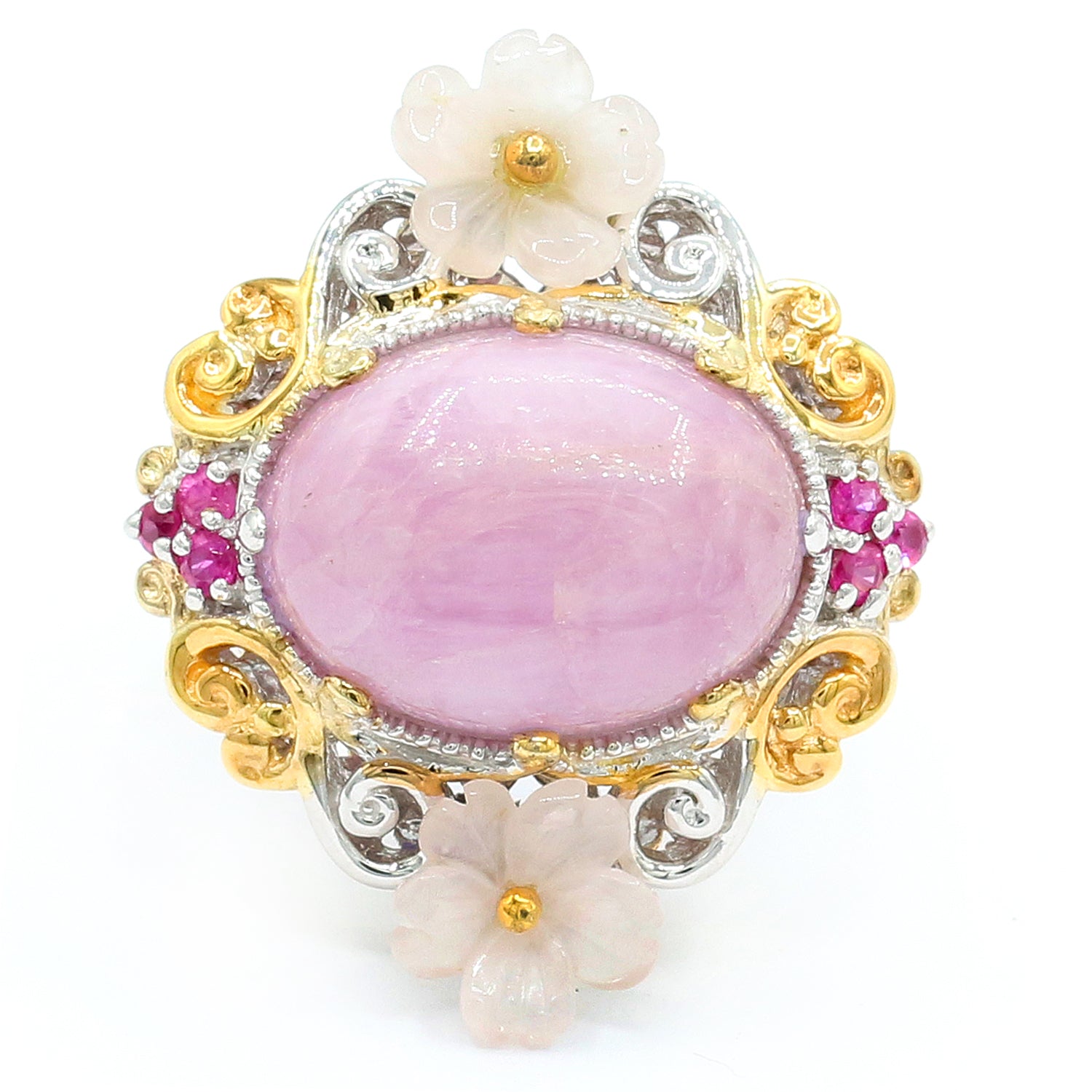 Gems en Vogue Kunzite Cabochon, Pink Shell & Sapphire Flower Ring