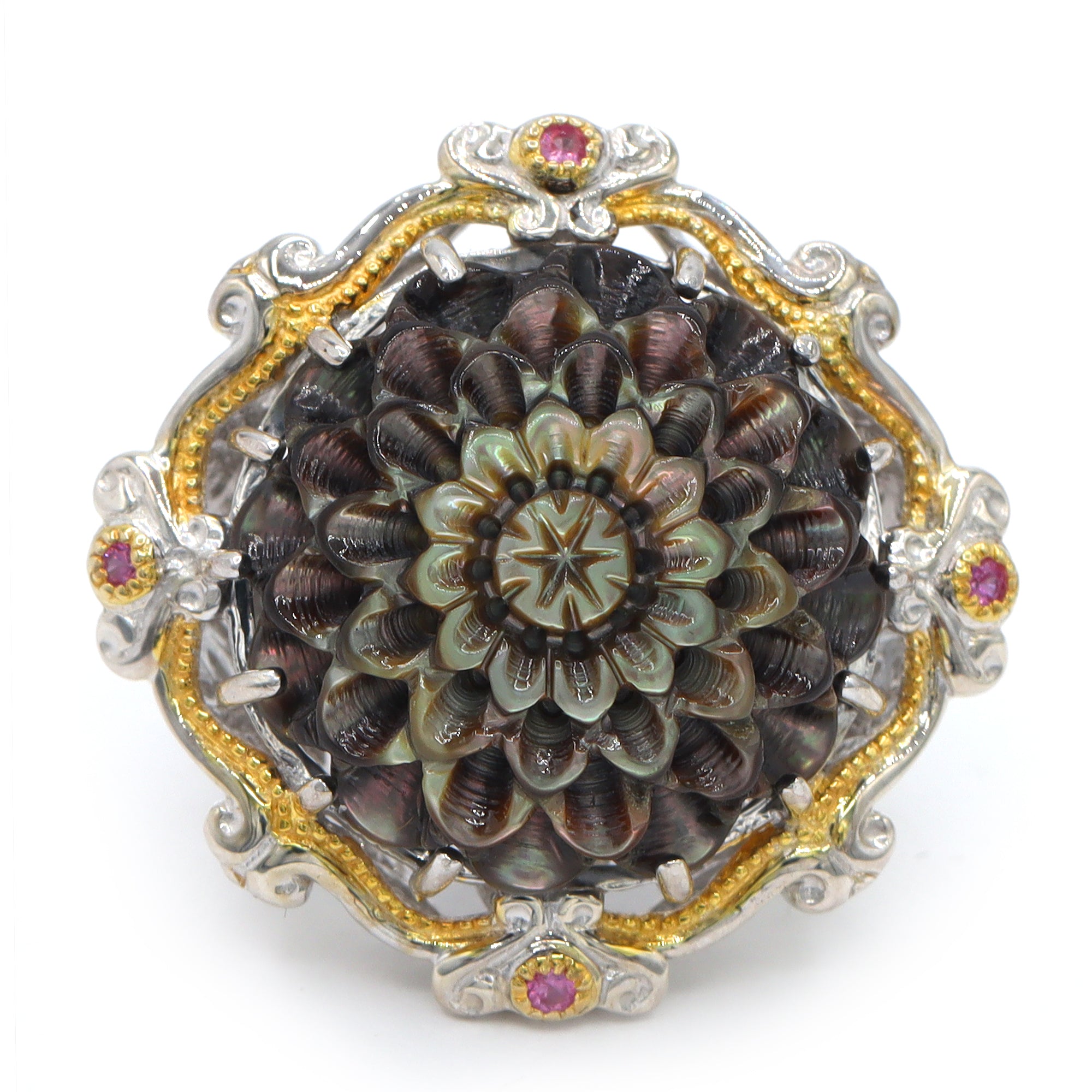 Gems en Vogue 24K Palladium Silver Black Mother-of-Pearl, Rhodolite & Pink Sapphire Carved Flower Ring