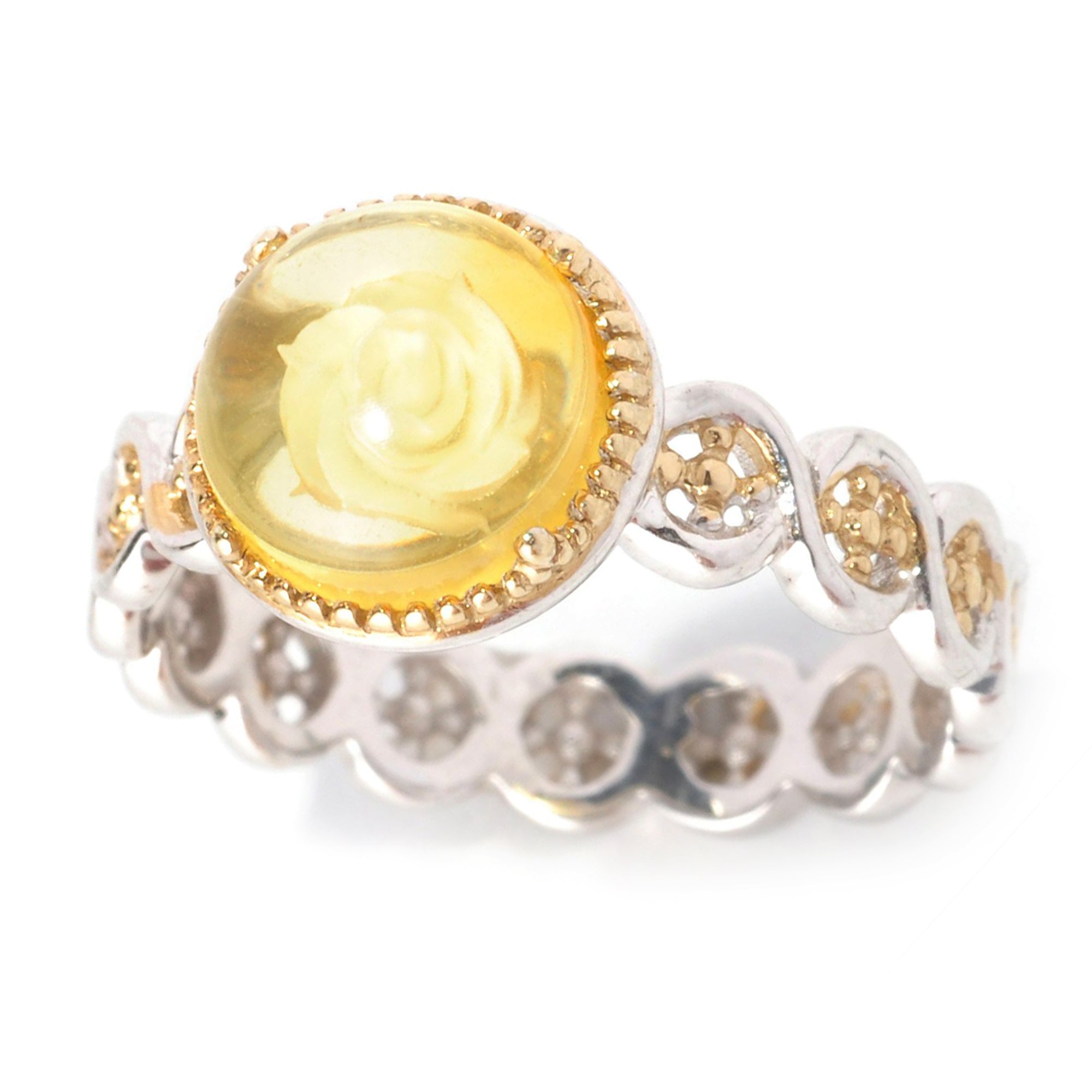 Gems en Vogue 24K Palladium Silver Carved Amber Rose Flower Ring