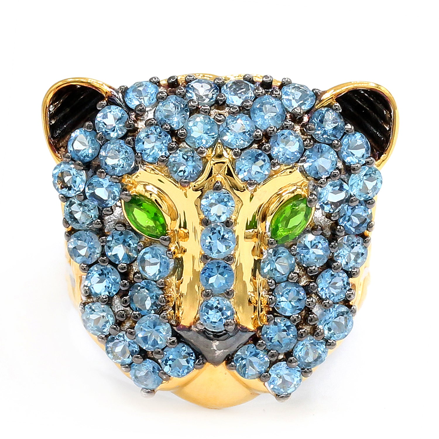 Gems en Vogue 24K Palladium Silver 3.18ctw Tanzanian Aquamarine & Chrome Diopside Panther Ring